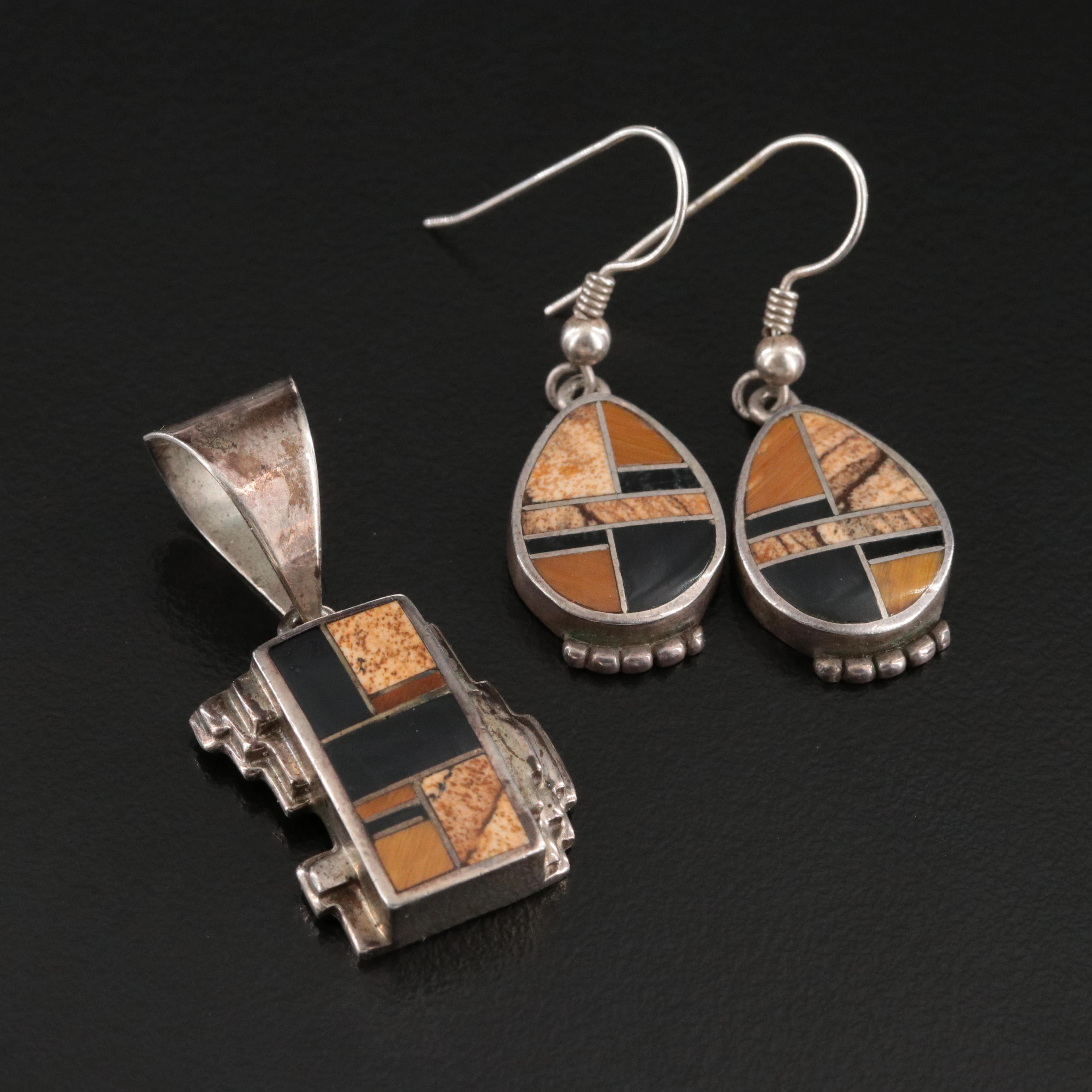 Southwestern Sterling Jasper, Tiger's Eye and Black Onyx Earrings and Pendant