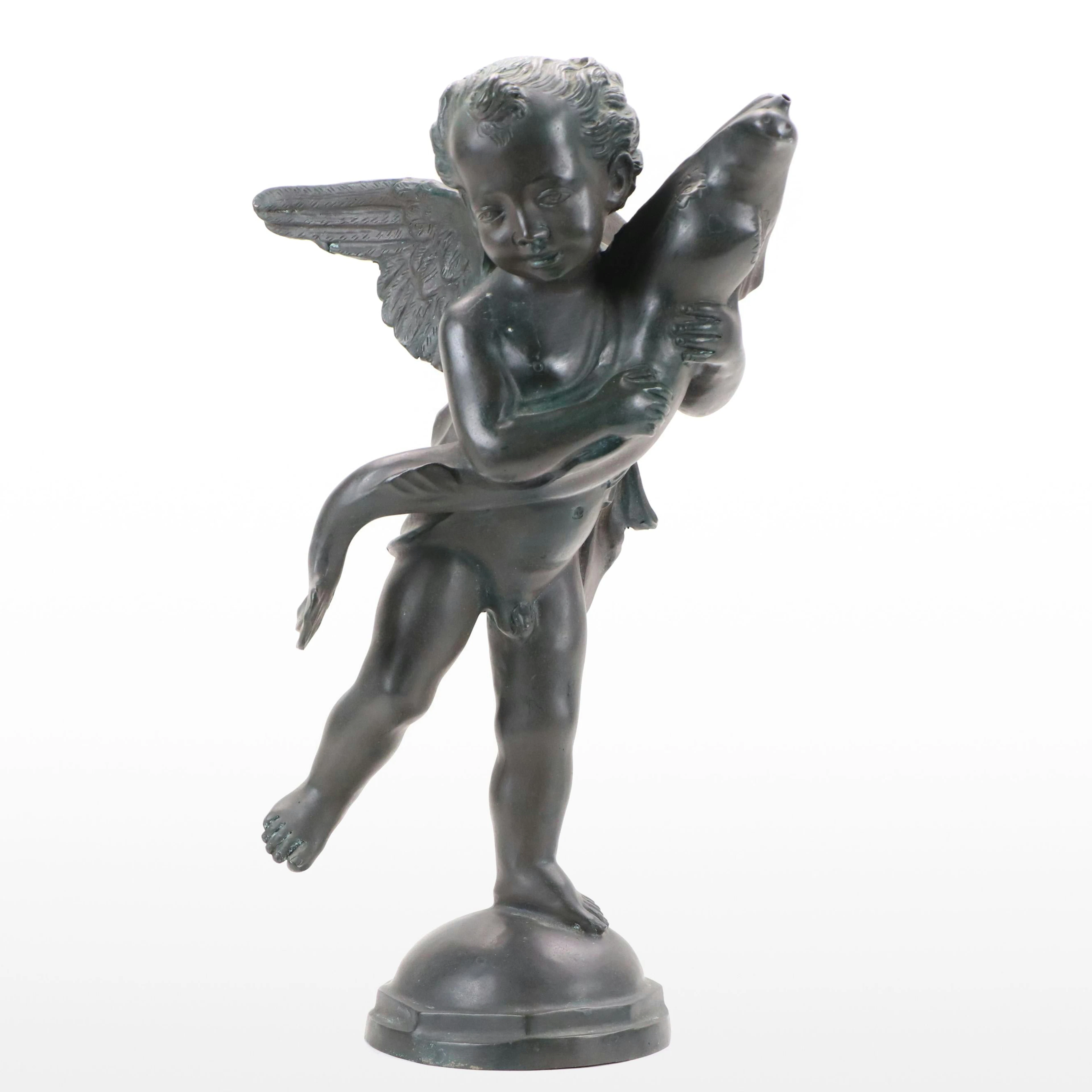 Patinated Cast Brass Statue After Andrea del Verrocchio "Putto with Dolphin"