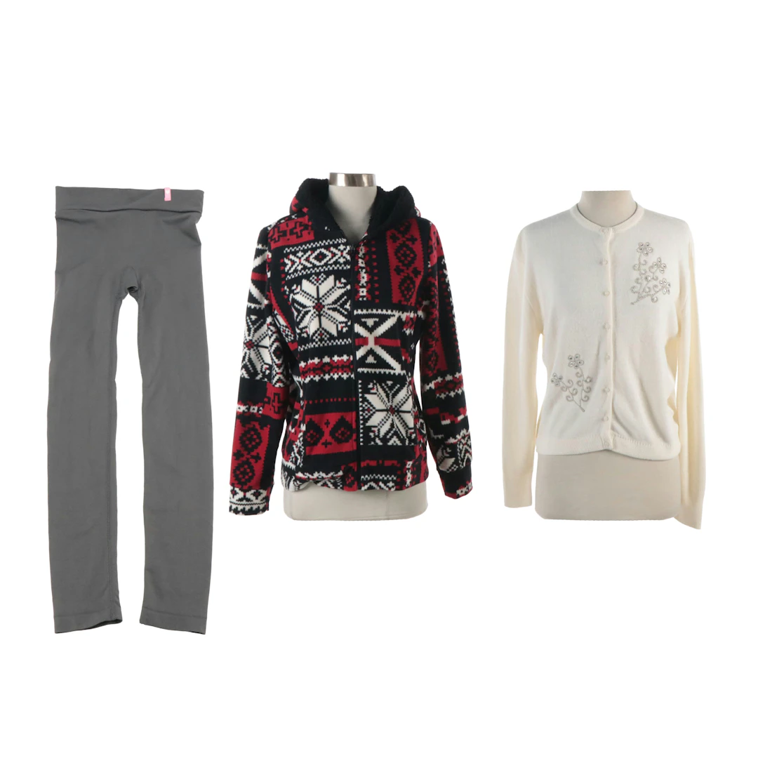 Amber Cardigan, Pink Brand Leggings, and Lauren Ralph Lauren Fleece Zip Hoodie