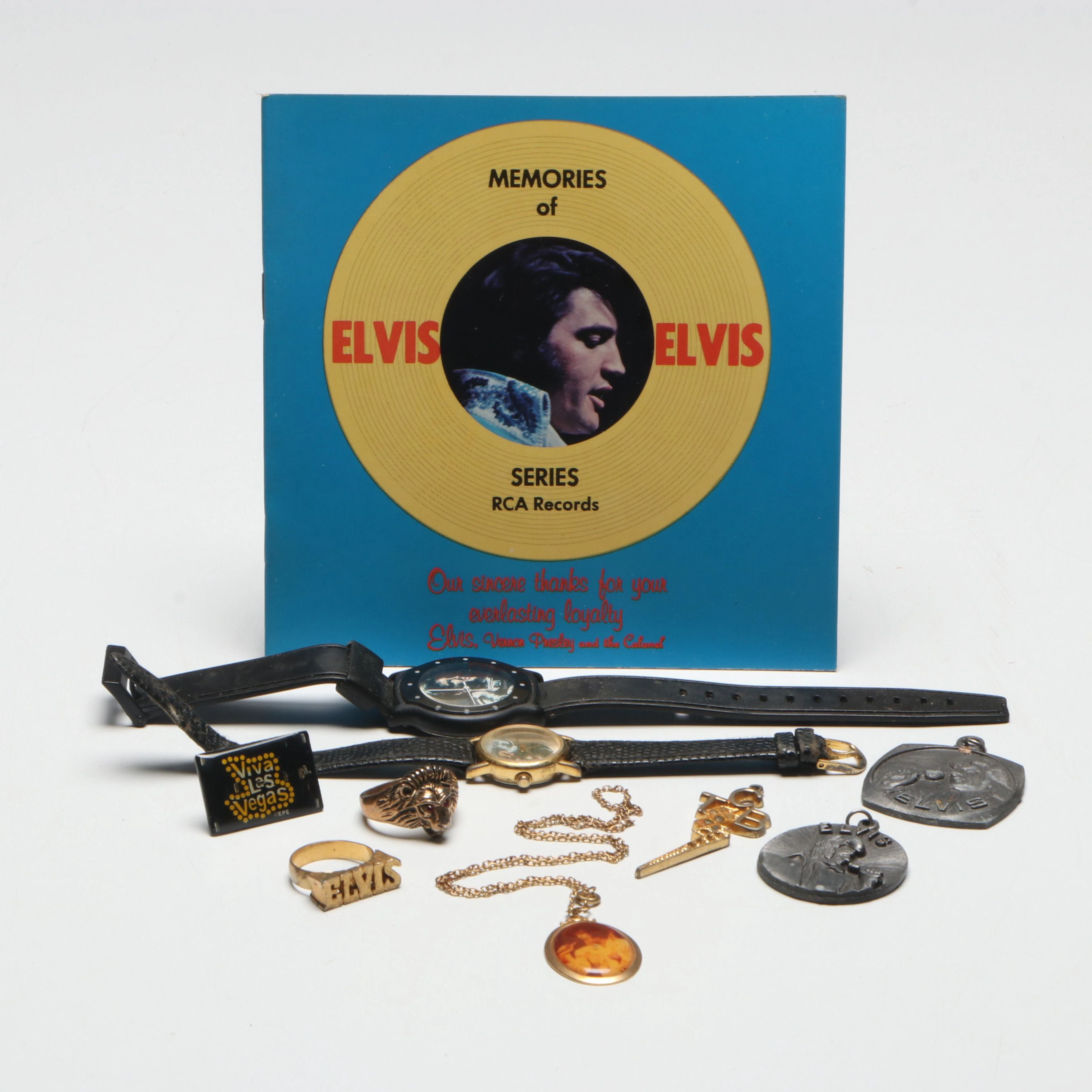 Elvis Presley Gold Plate Rings with Watches, Pendants and More Memorabilia