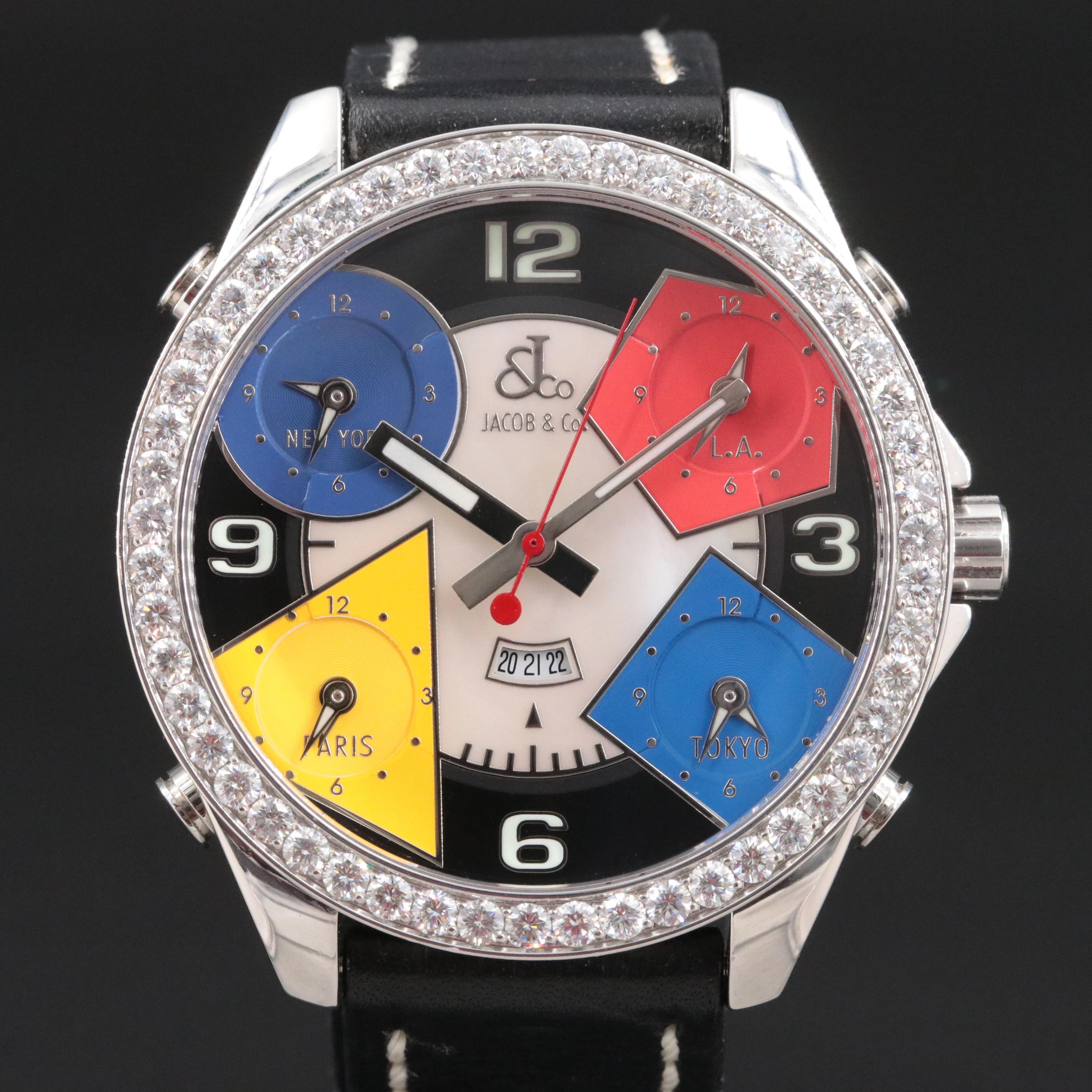 Jacob and Co. 5 Time Zones 3.31ctw. Diamond Steel Quartz Watch