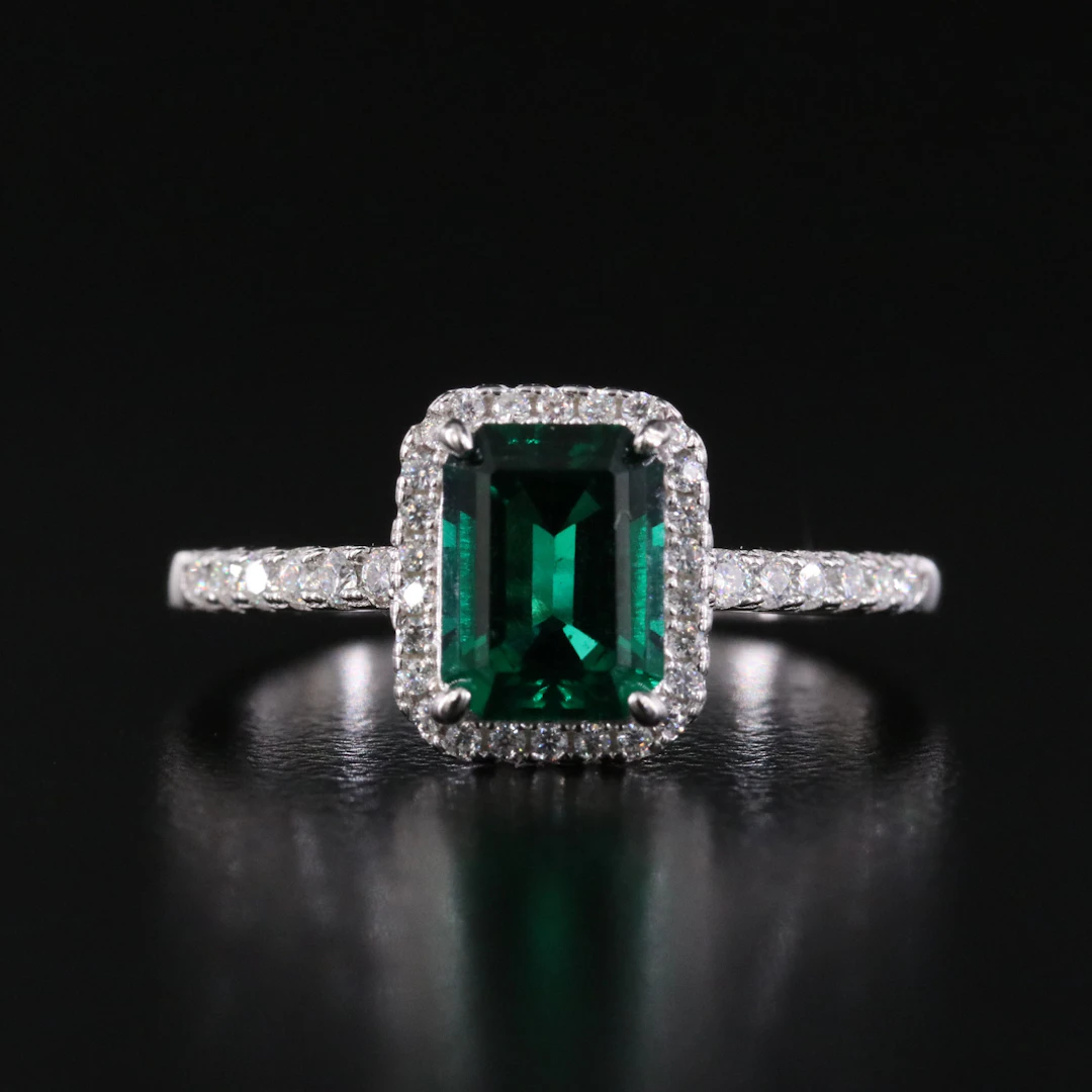Sterling Lab Grown Emerald and Moissanite Ring