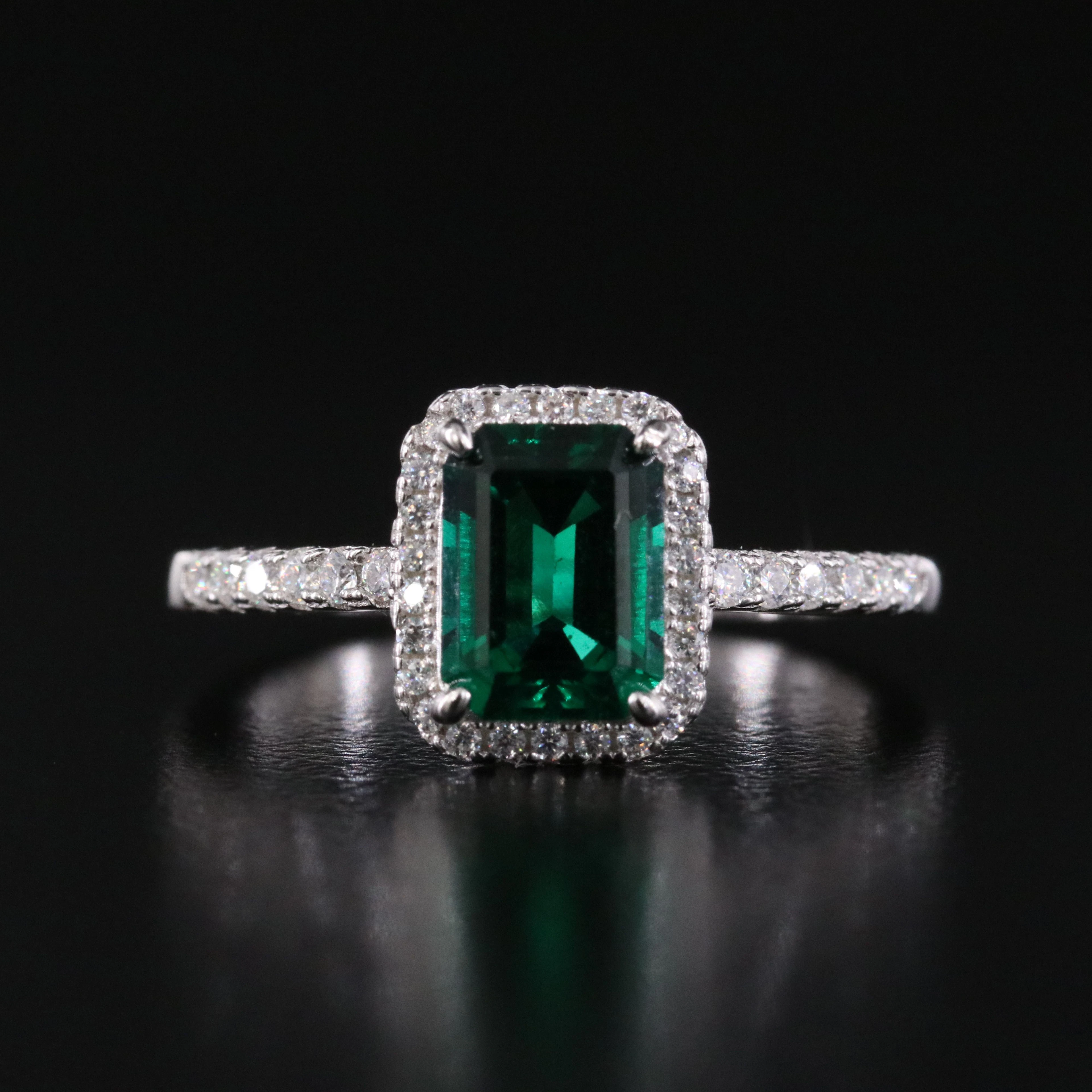 Sterling Lab Grown Emerald and Moissanite Ring