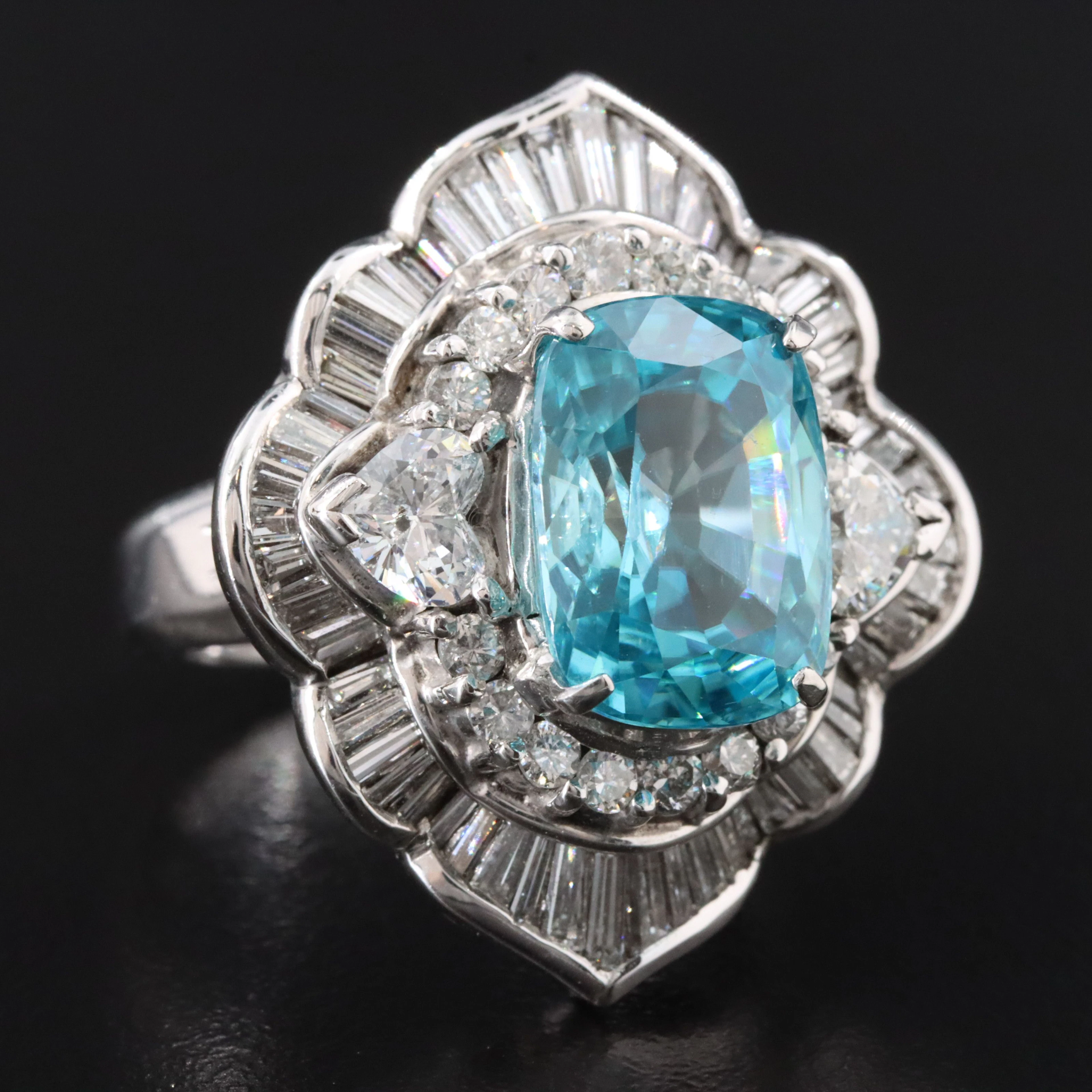 Platinum 9.07 CT Blue Zircon and 2.96 CTW Diamond Ballerina Ring with