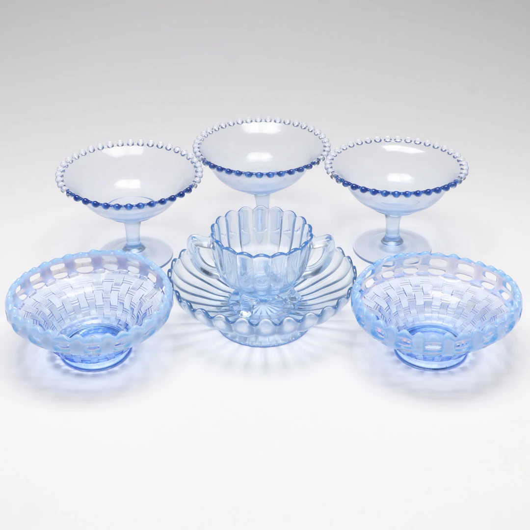 Imperial "Pillar Flute" and "Candlewick" with Fenton "Basketweave" Glassware