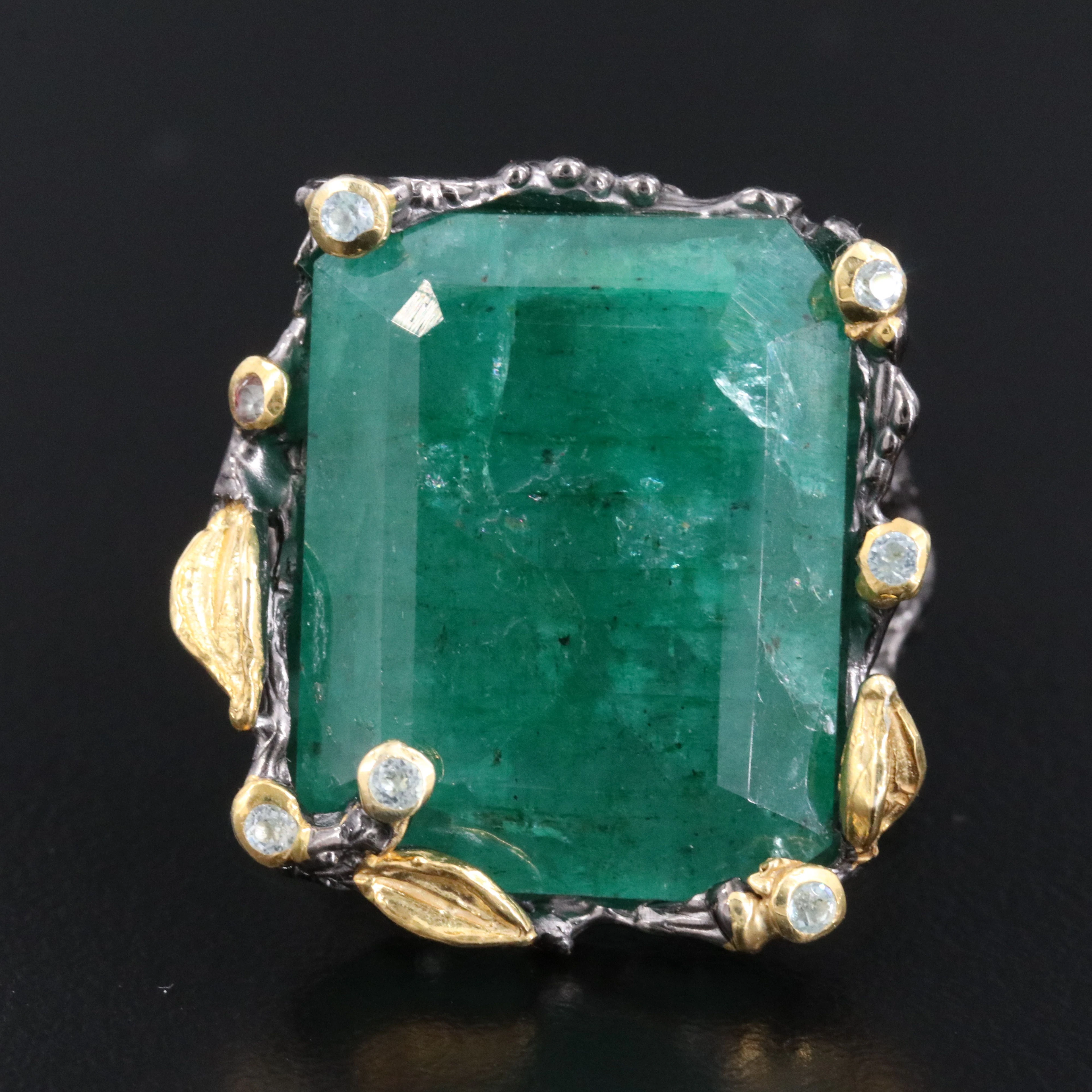 Sterling Beryl and Blue Topaz Ring with Leaf Detail