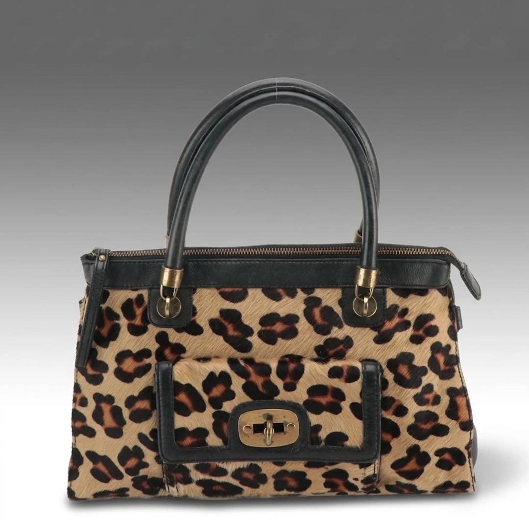 Nordstrom Leopard Print Calf Hair and Black Leather Handbag