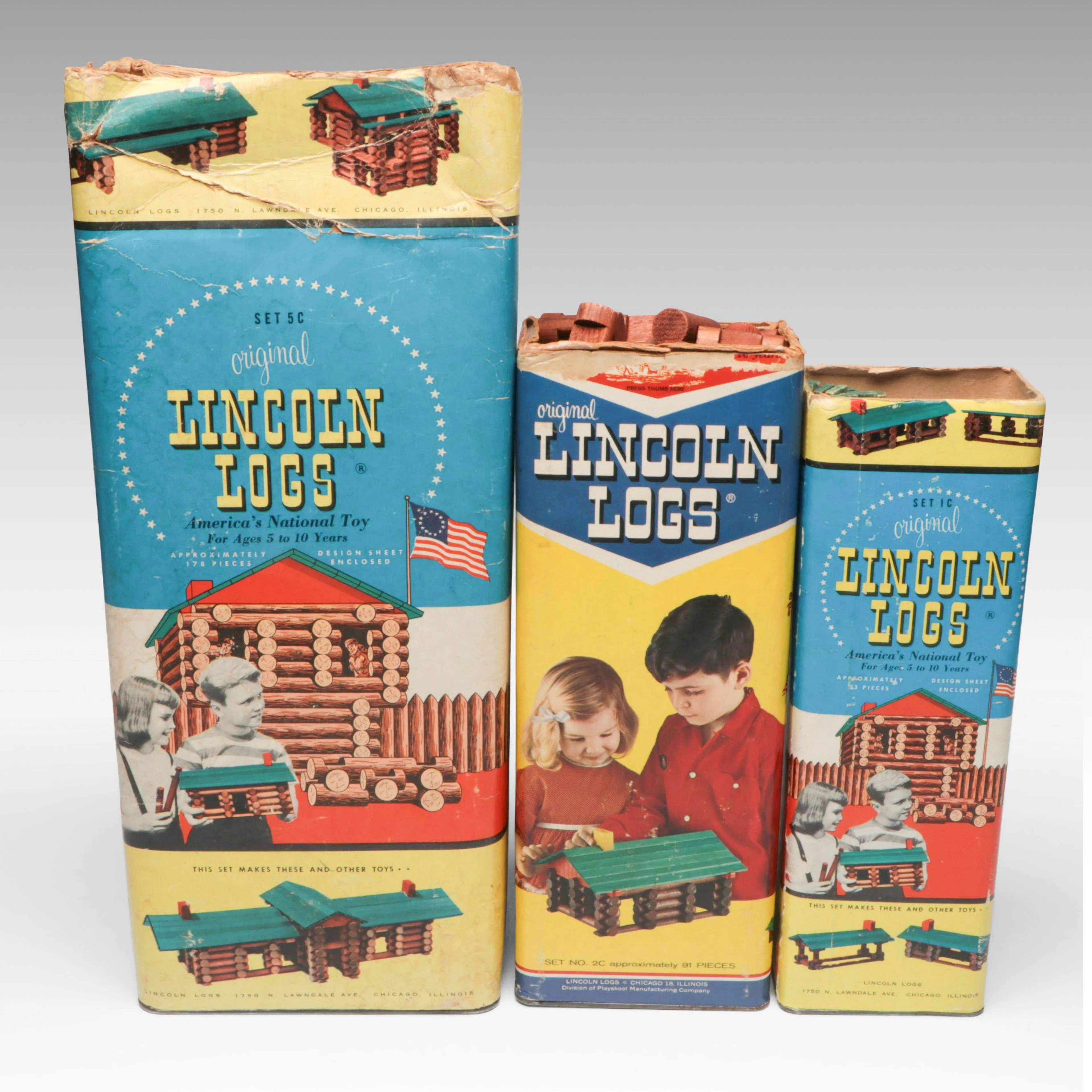 Original Lincoln Logs Set No. 5C, 2C and More Toy Sets, Mid-20th Century