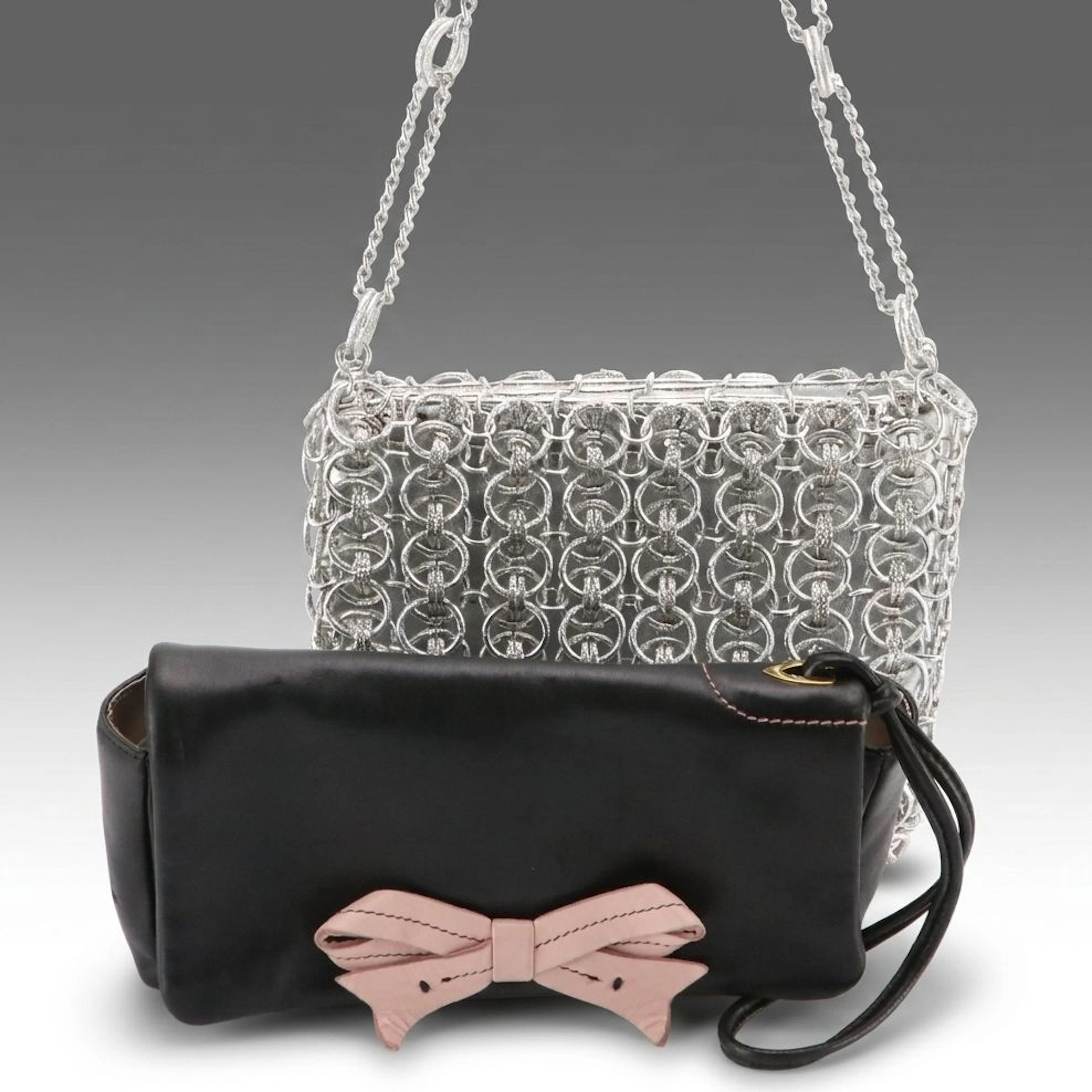 Moschino Bow Flap Leather Wristlet and Walborg Ring Mesh Chain Bag