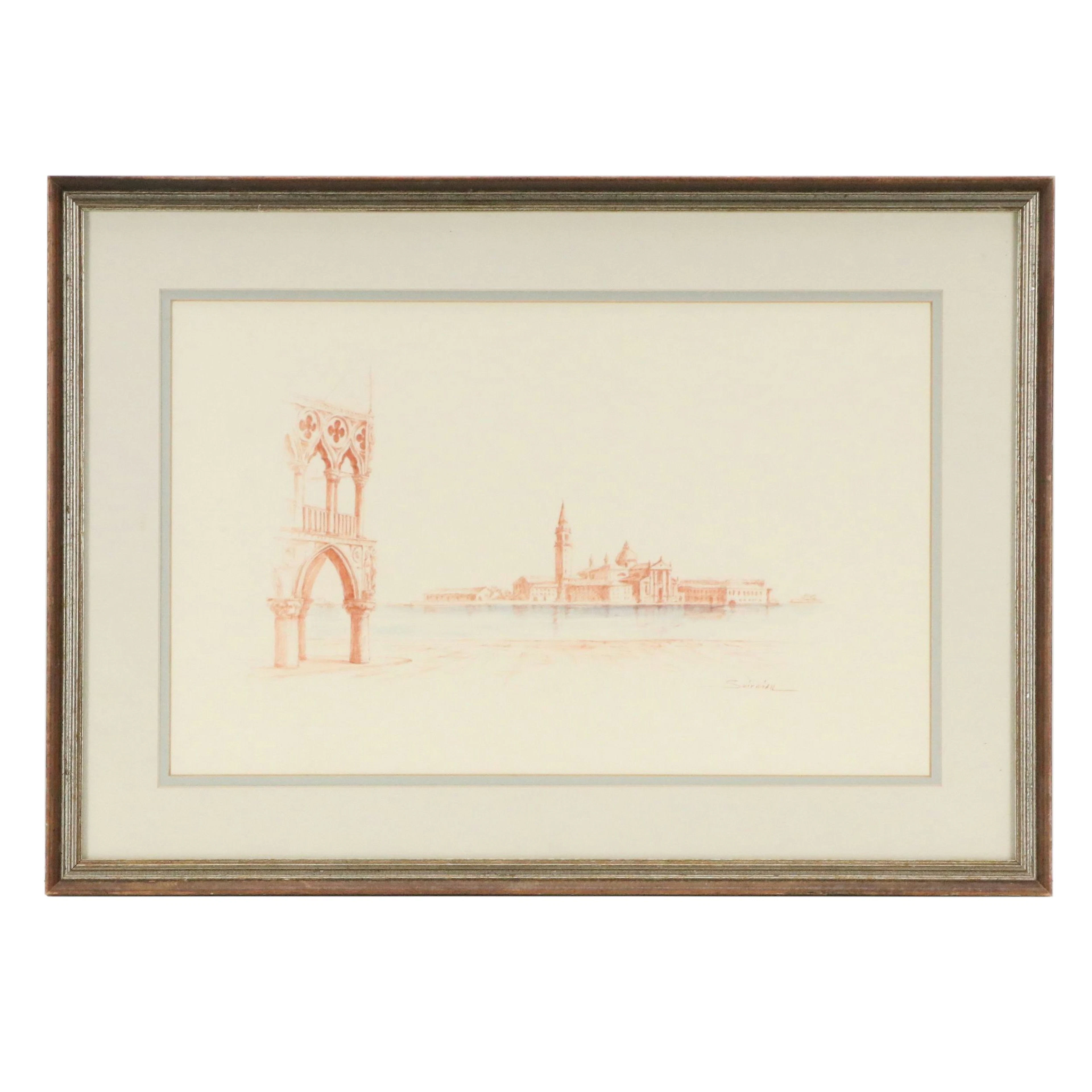 Italian School Mixed Media Drawing of Venetian Skyline, Circa Late 20th Century
