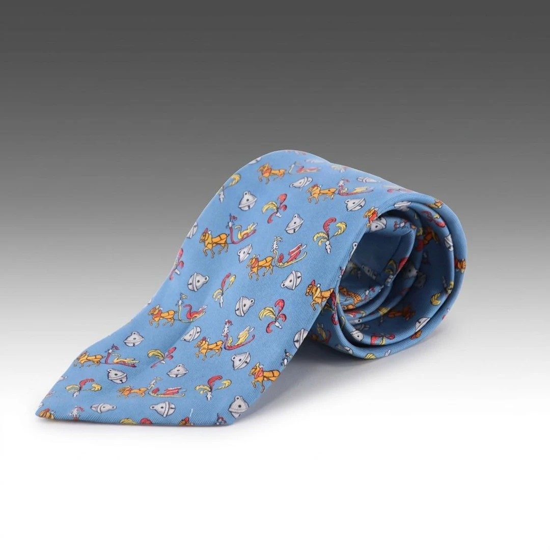 Hermès Necktie in Sledge and Bell Printed Blue Silk Twill