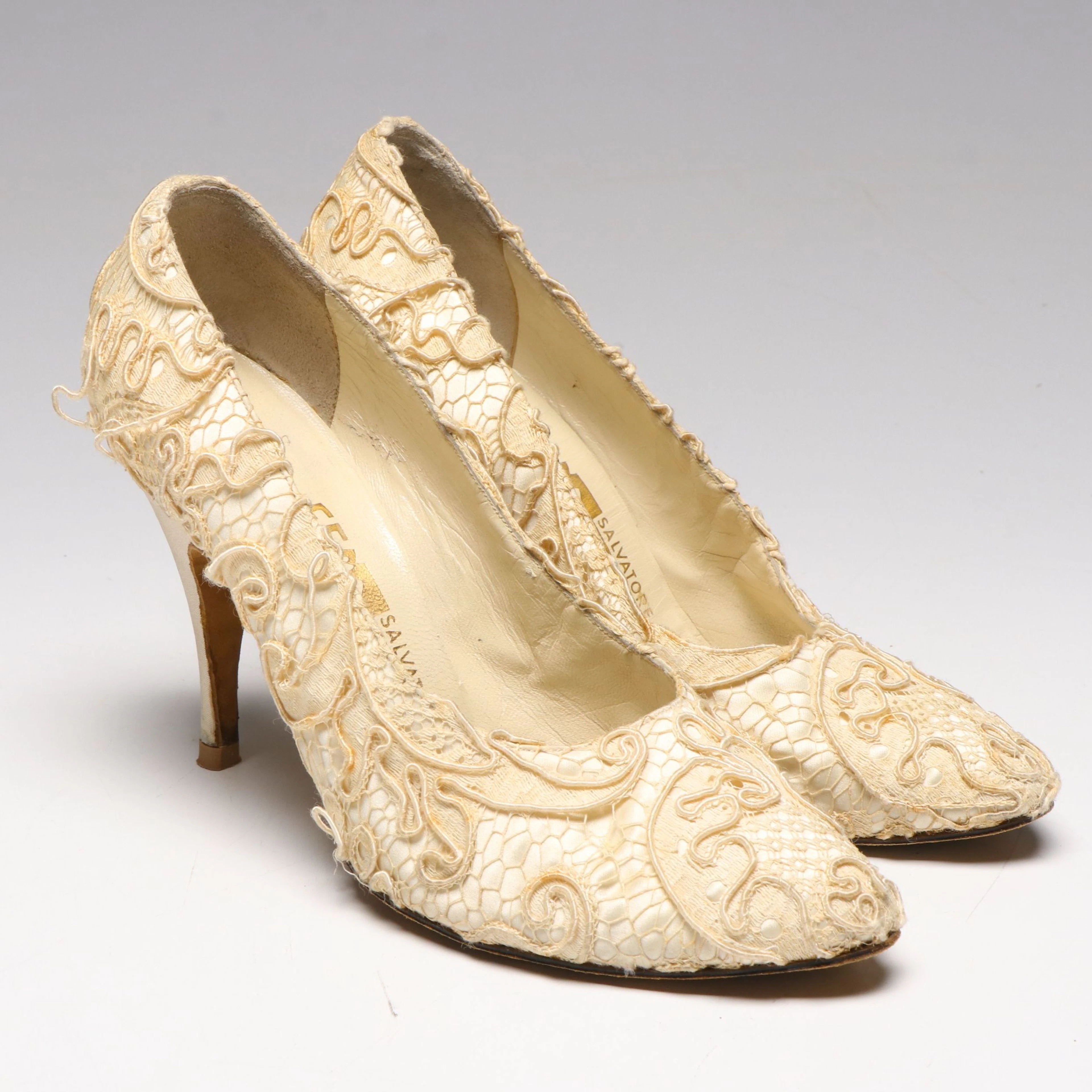 Salvatore Ferragamo Ivory Satin and Ribbonwork Lace Pumps