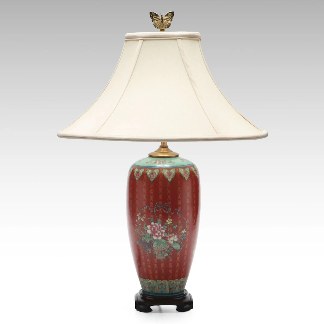 Chinese Flowers with Butterflies Porcelain Table Lamp with Silk Bell Shade