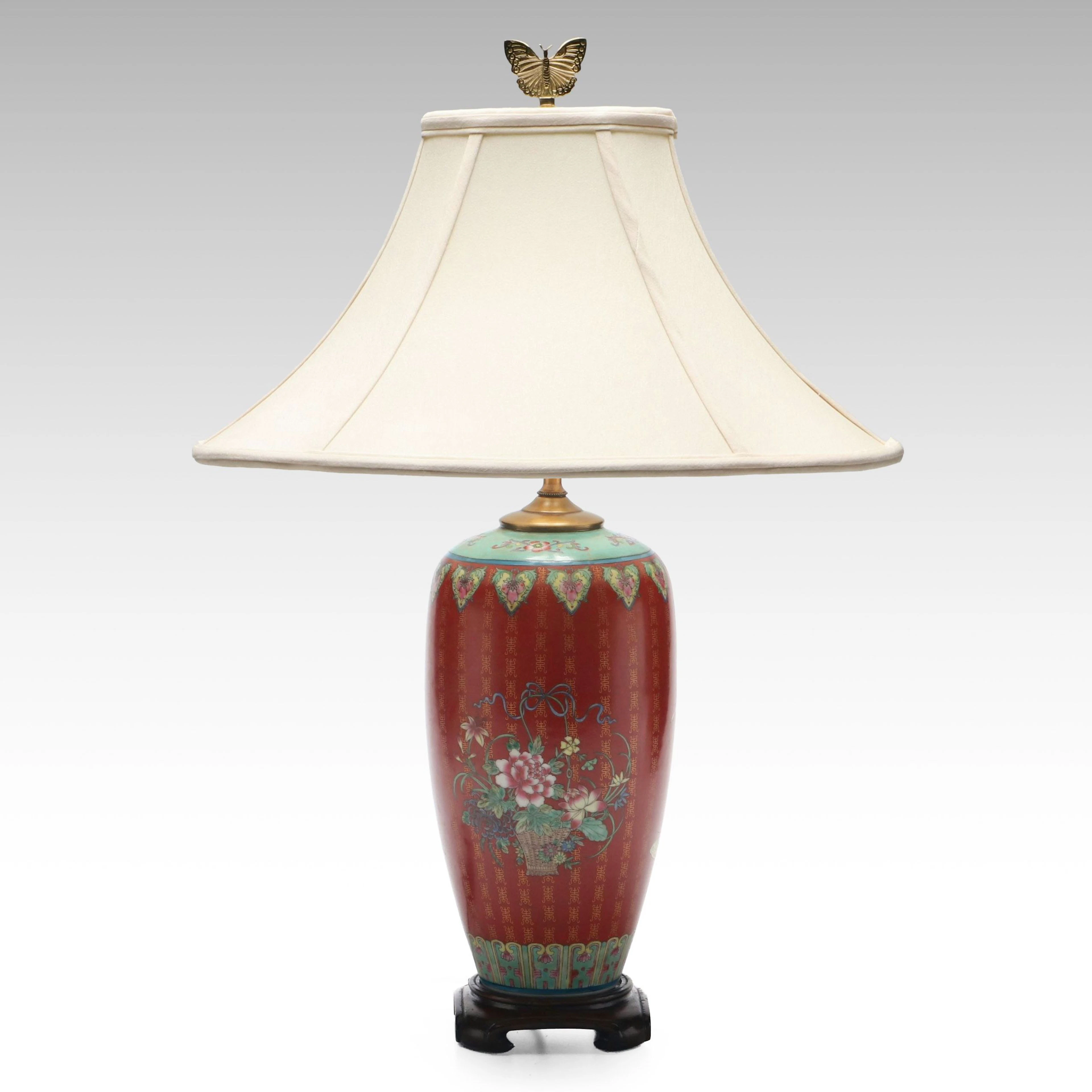 Chinese Flowers with Butterflies Porcelain Table Lamp with Silk Bell Shade