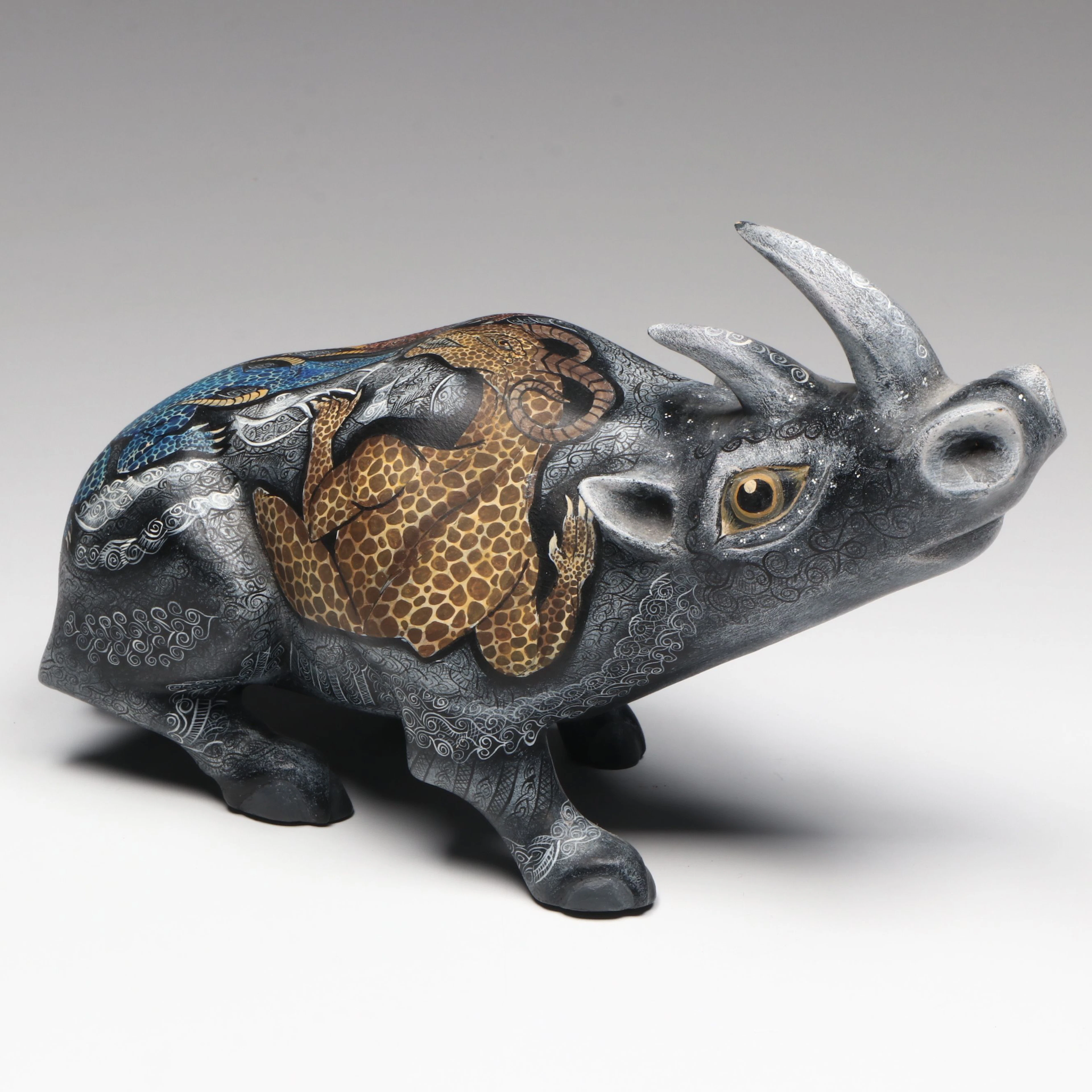 Enrique Fabian Ortega Mexican Folk Art Hand-Carved Wood Alebrije Rhinoceros