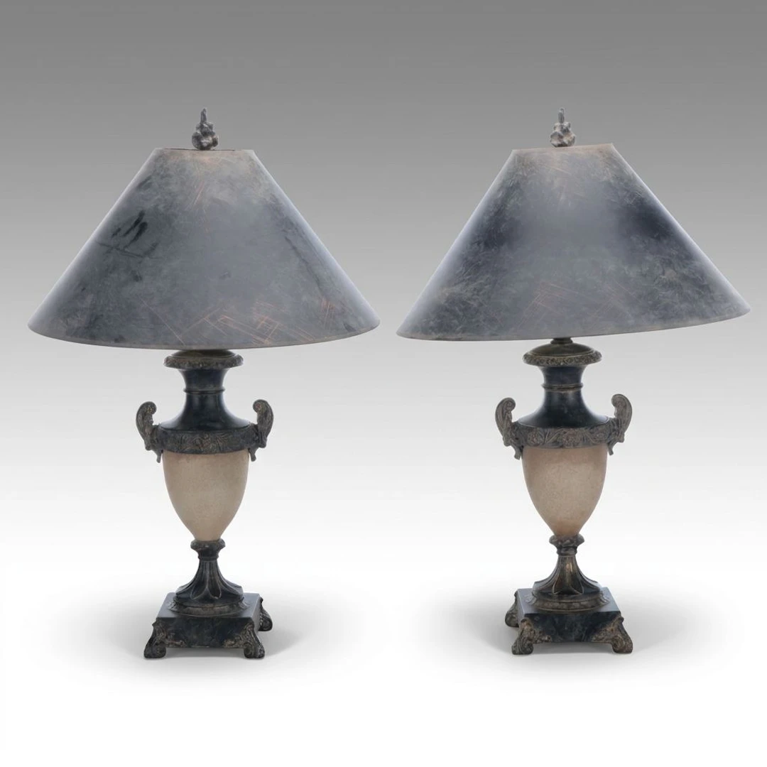 Pair of Neoclassical Bronze Tone Urn Form Table Lamps
