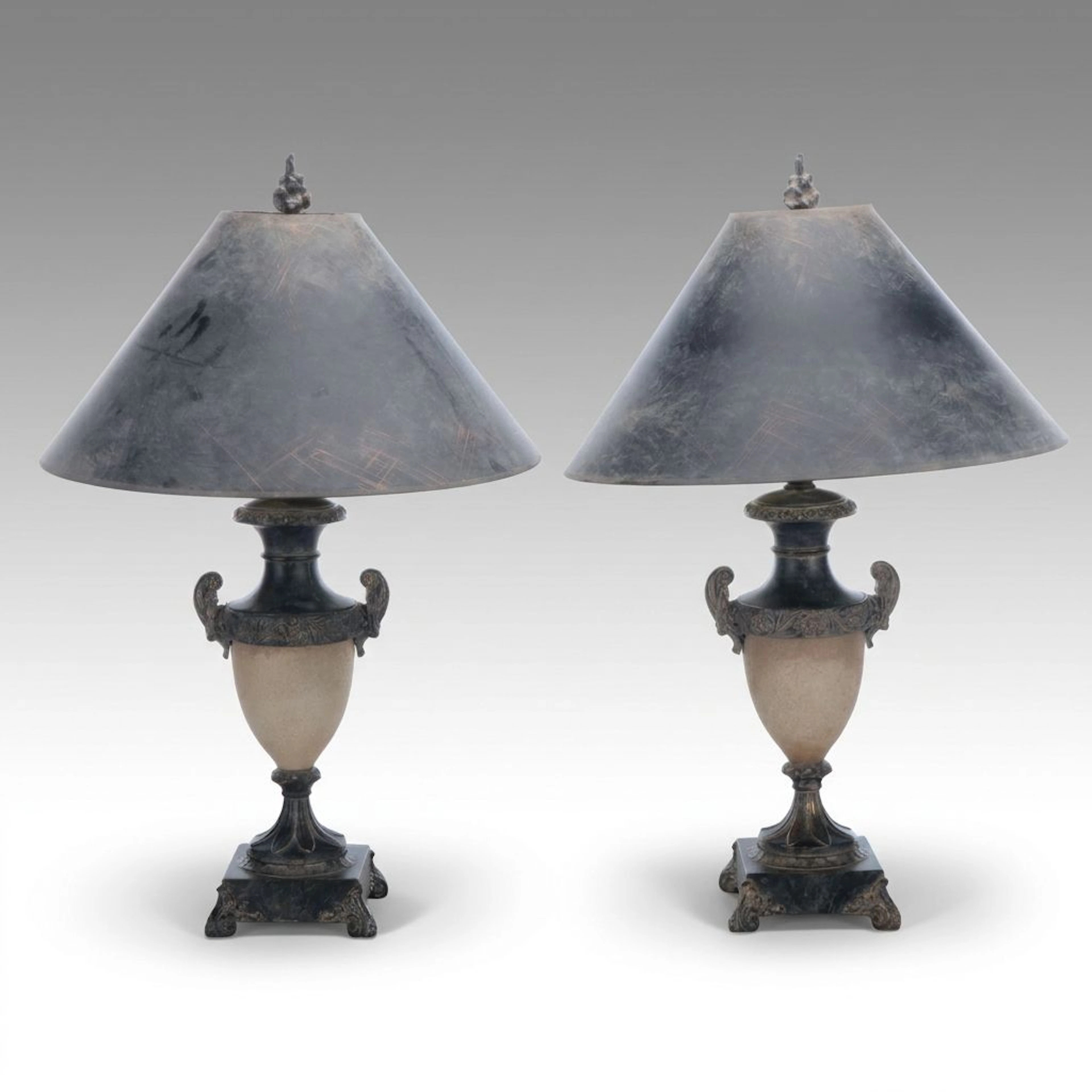 Pair of Neoclassical Bronze Tone Urn Form Table Lamps