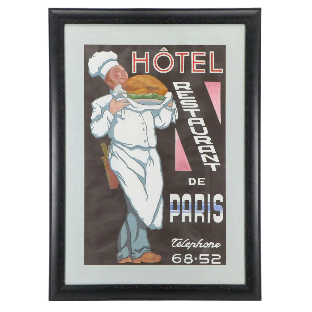 "Hôtel Restaurant de Paris" Gouache Painting Culinary Advertisement Poster