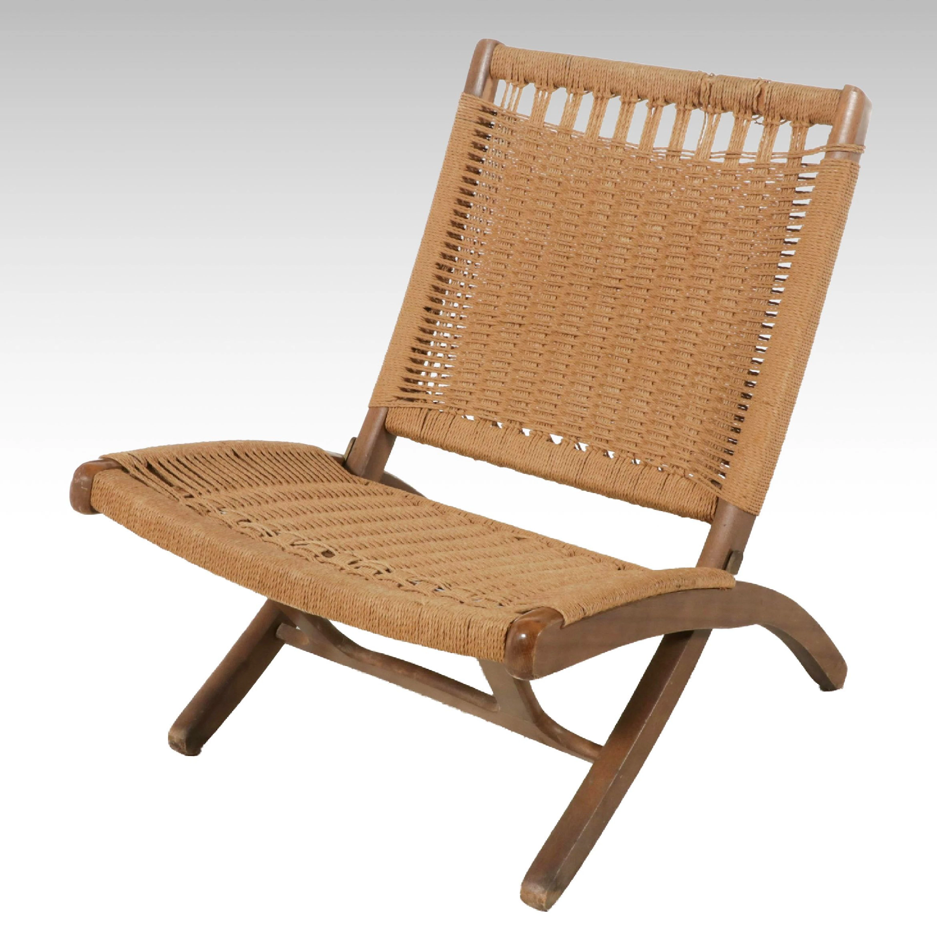 Hans Wegner Style Mid Century Modern Woven Cord Folding Lounge Chair