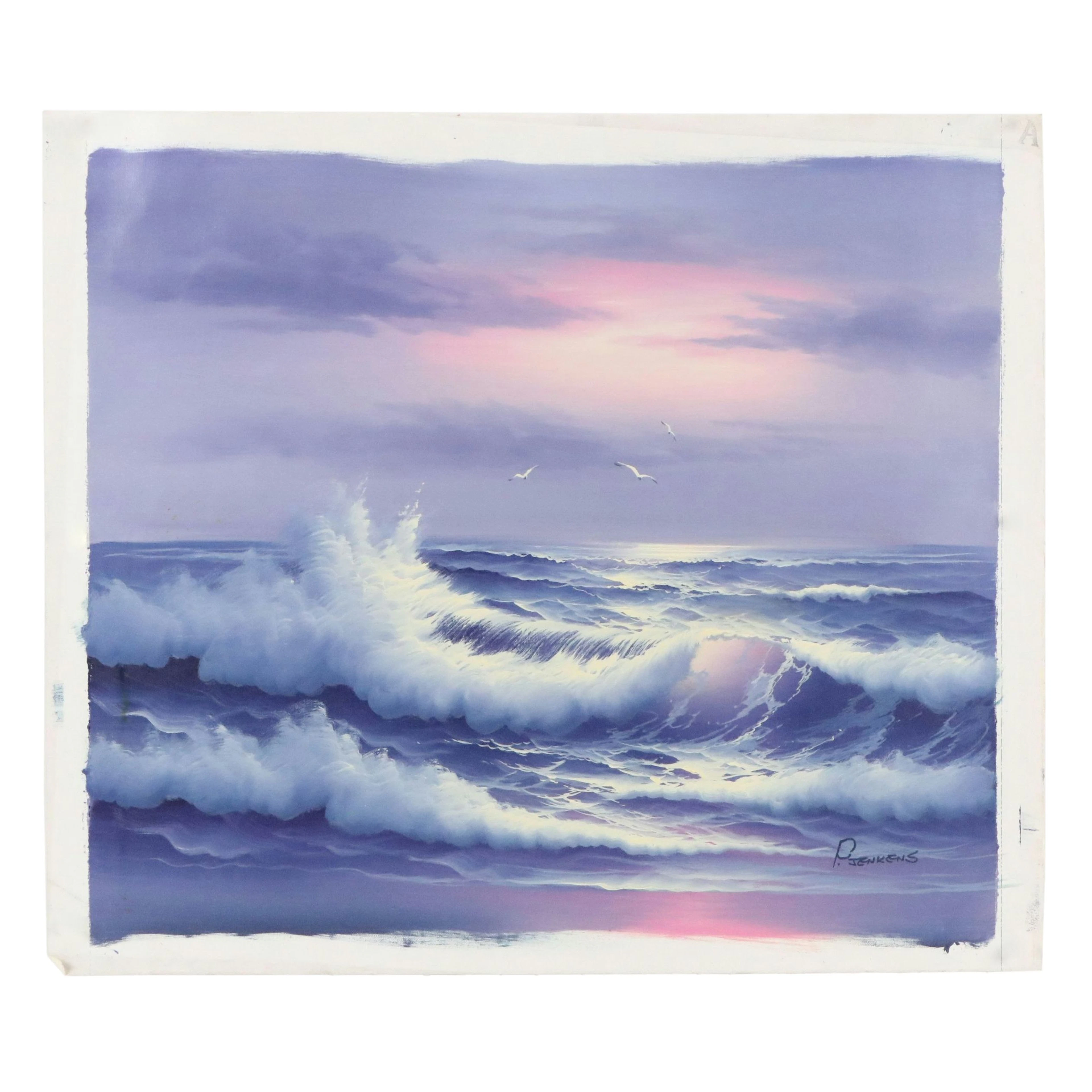 Idyllic Seascape at Sunset Oil Painting, Mid to Late 20th Century