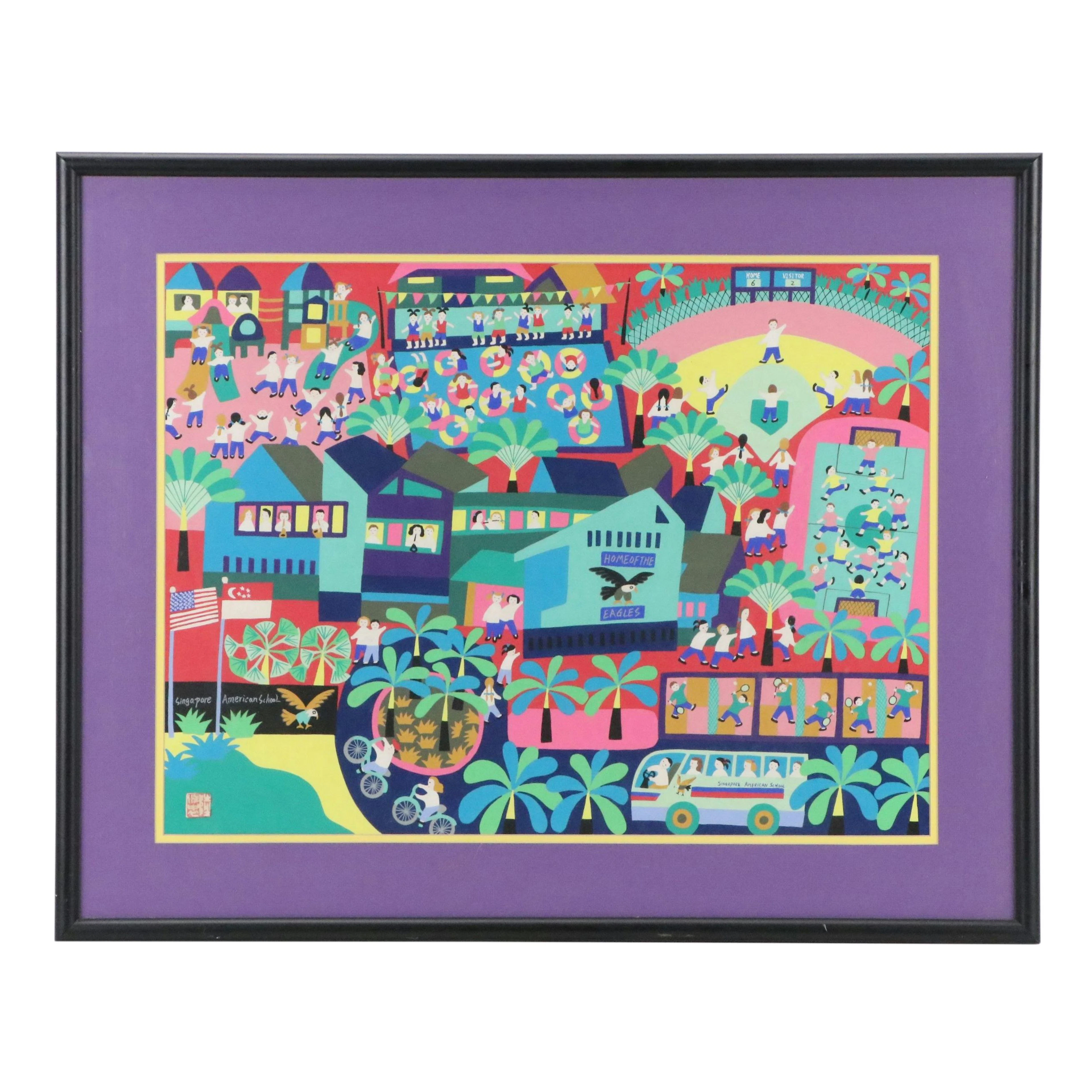 Lu Yongzhong Gouache Painting of Singapore-American School, 2001