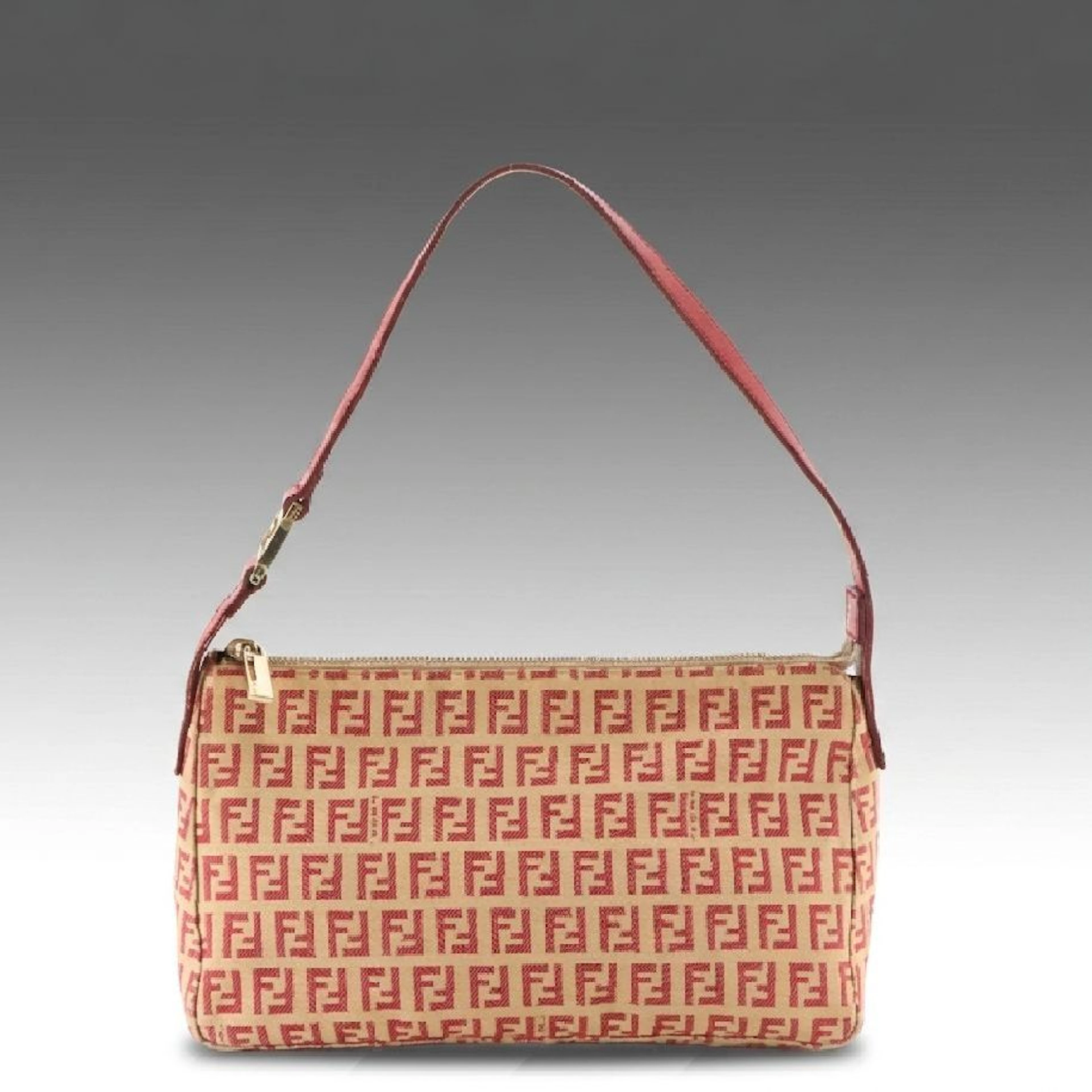 Fendi Shoulder Bag in Red Wine/Beige Zucchino Canvas and Leather