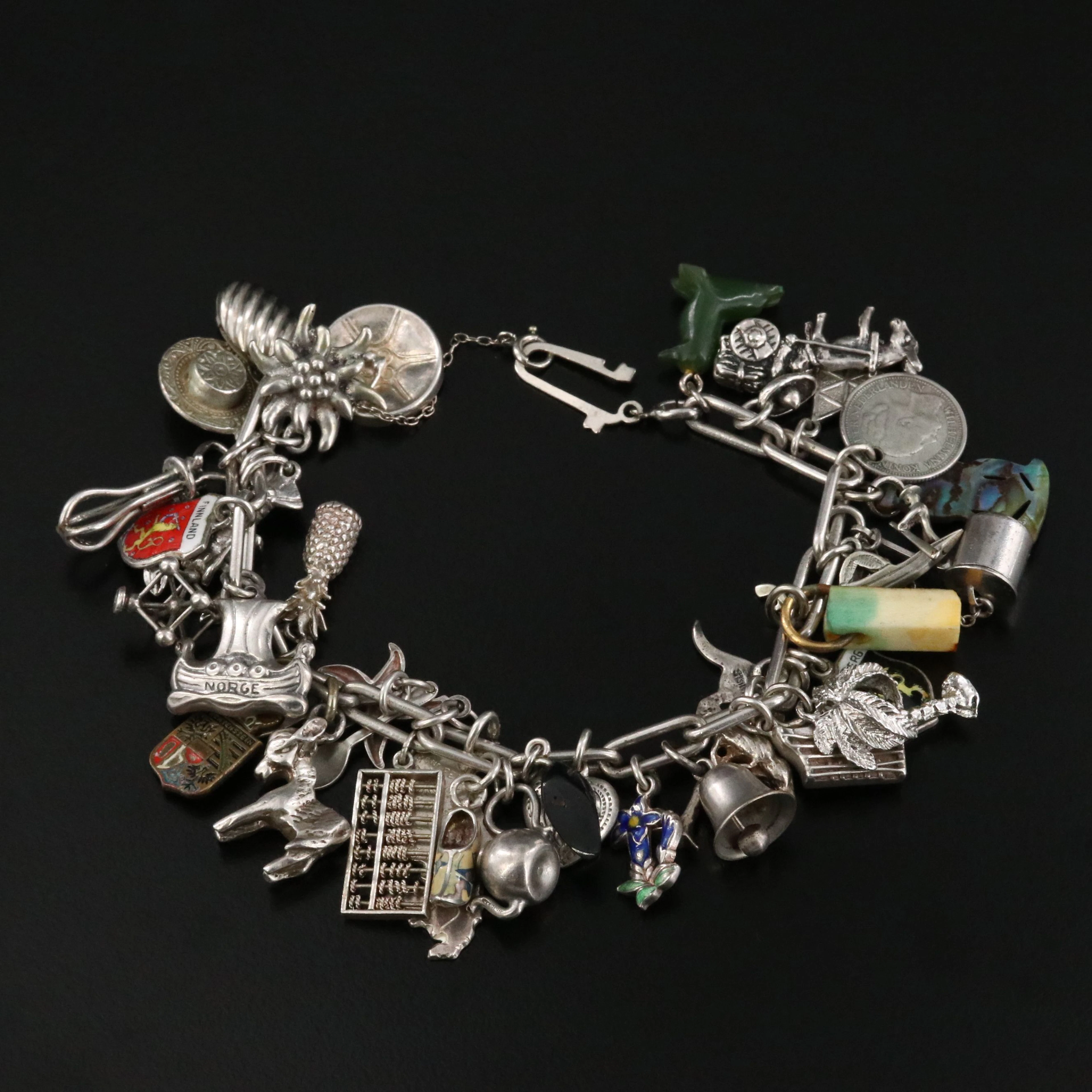 Sterling Travel Charm Bracelet Featuring Nephrite, Abalone and Enamel