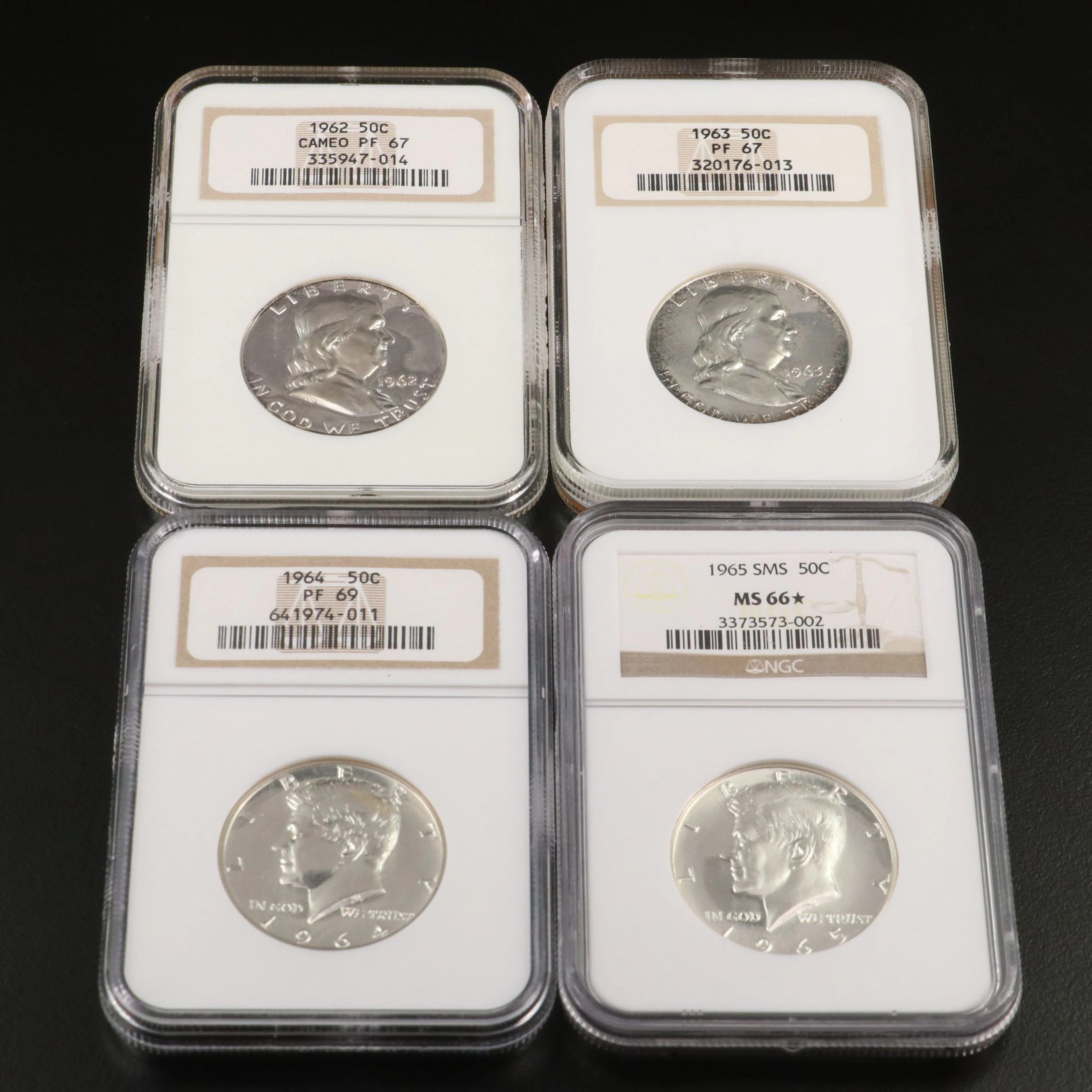 Four NGC Graded Silver Kennedy and Franklin Half Dollars Including Proofs