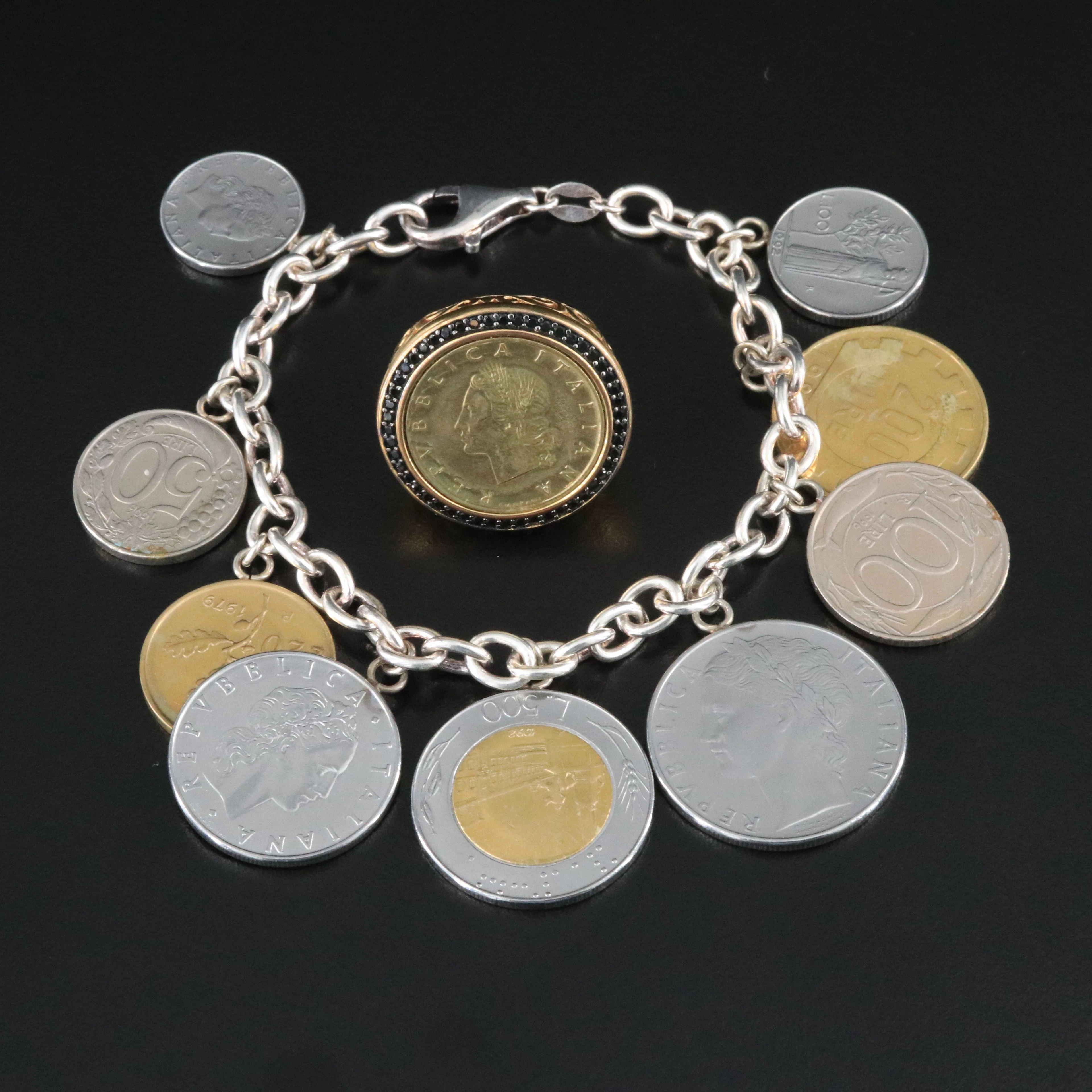 Italian Coin Bracelet and Ring Featuring Sterling