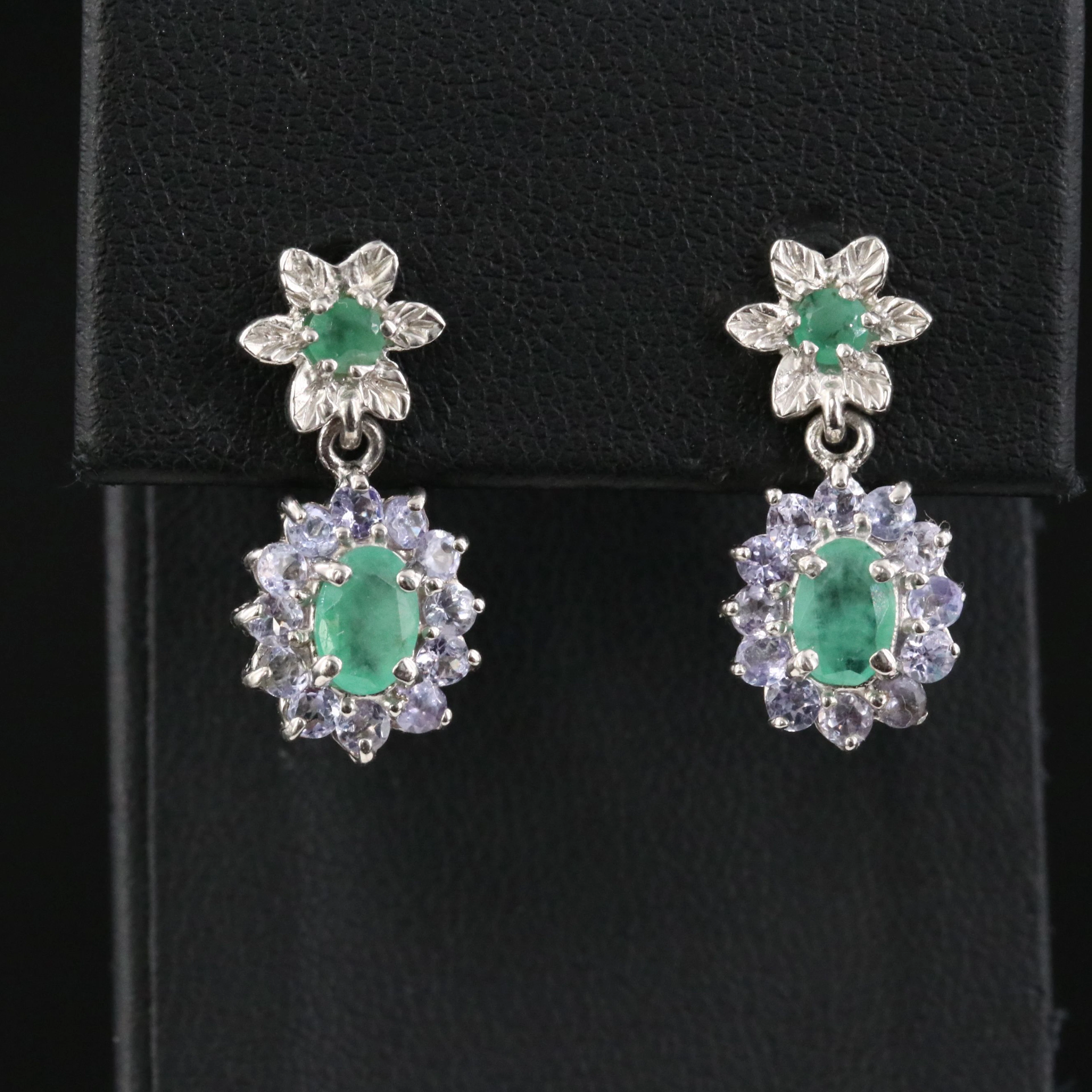 Sterling Emerald and Tanzanite Floral Drop Earrings