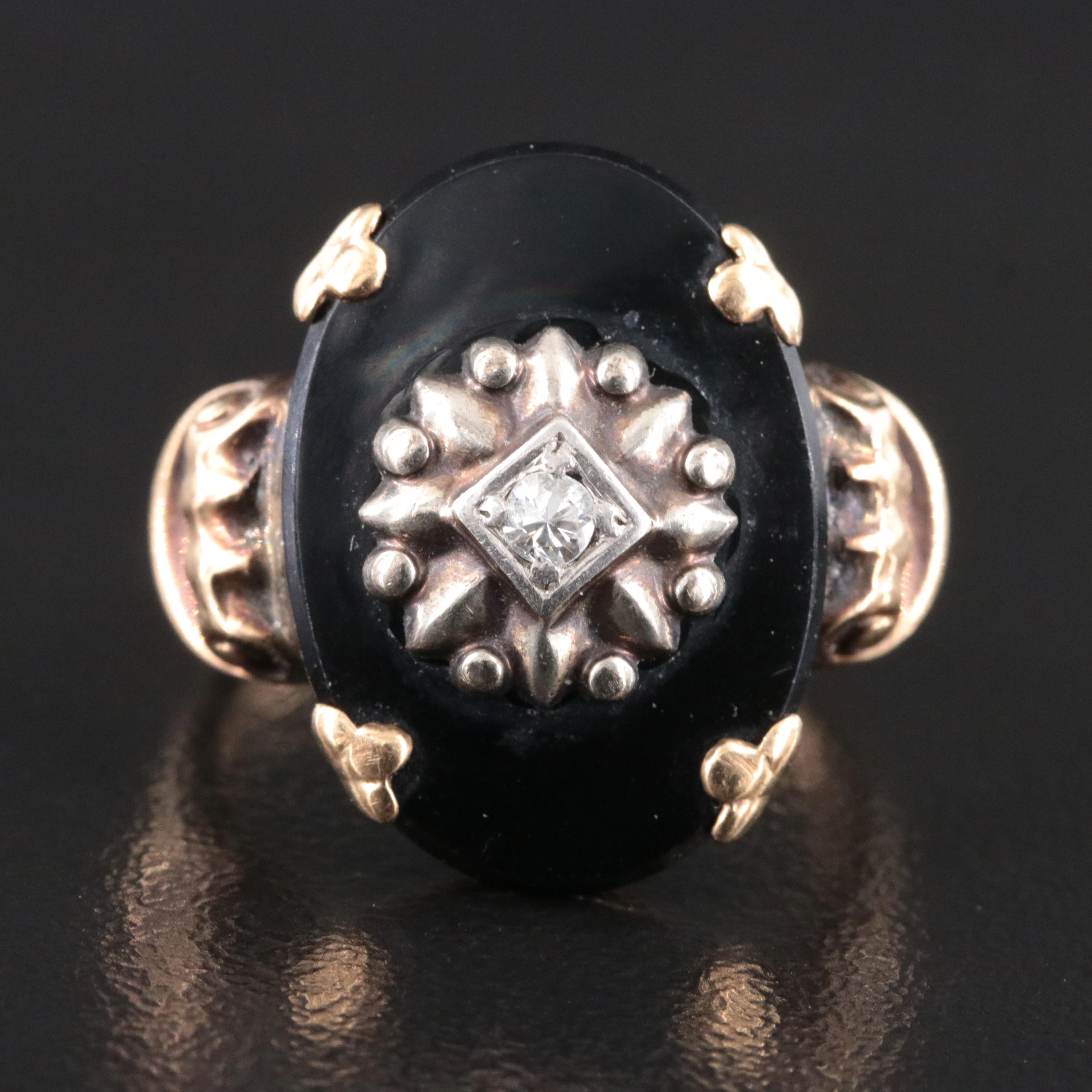 Late 1930s 10K Black Onyx and Diamond Ring