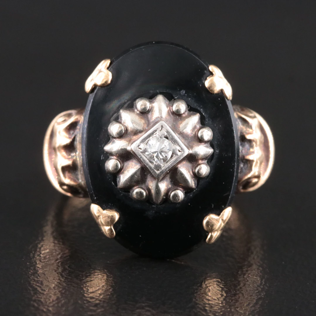 Late 1930s 10K Black Onyx and Diamond Ring