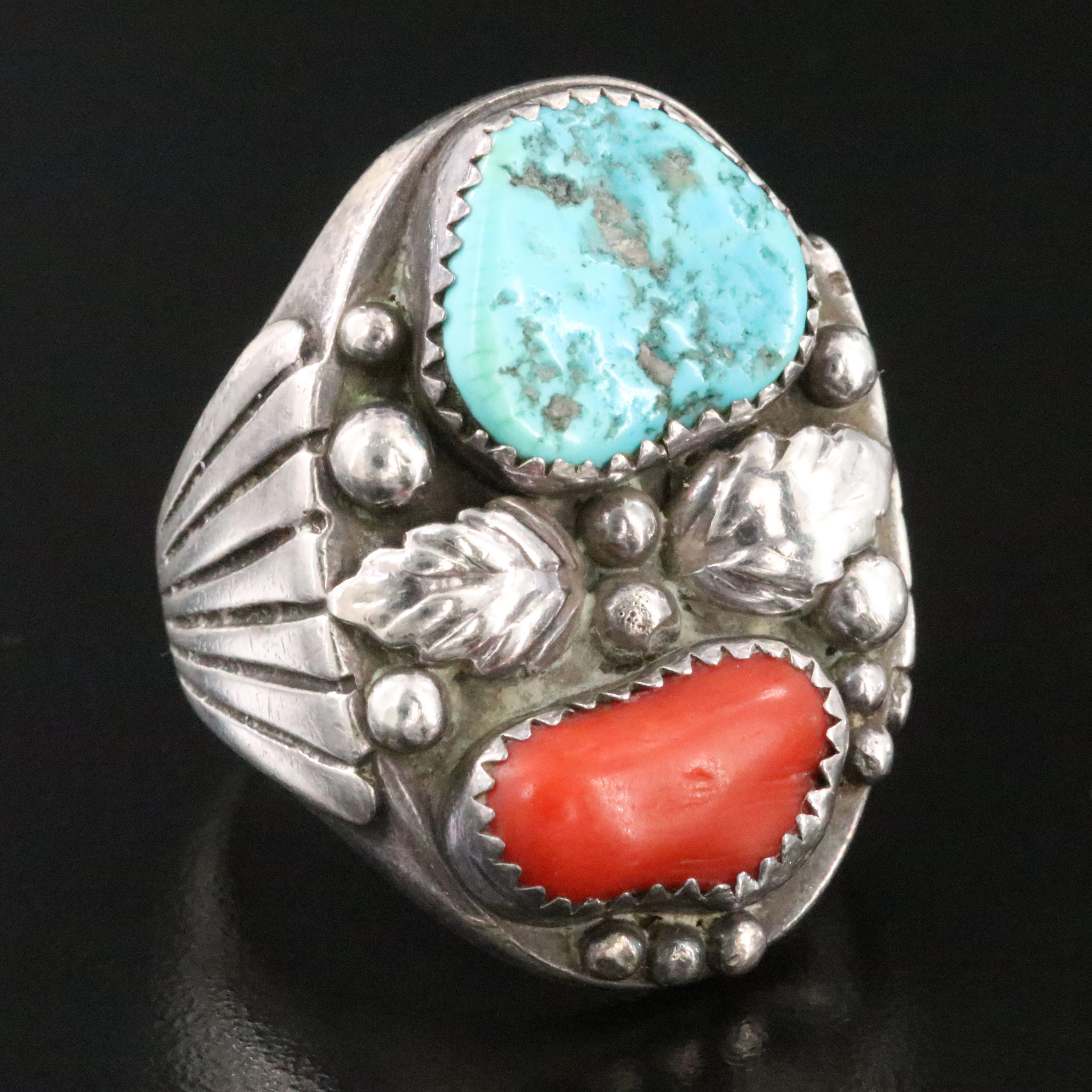 Southwestern Sterling Turquoise and Coral Ring