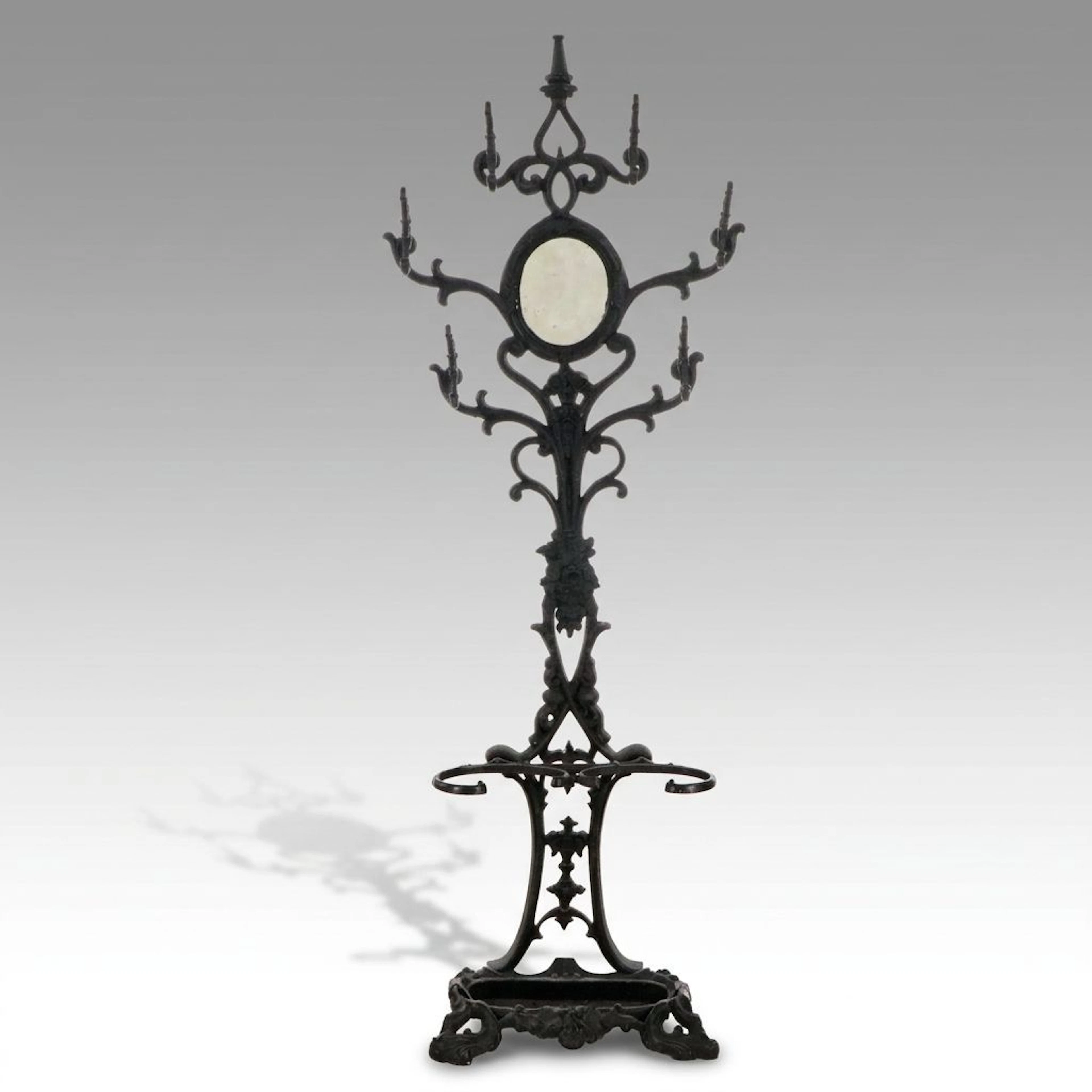 Victorian Style Black Painted Cast Iron Hall Tree with Mirror, 20th Century