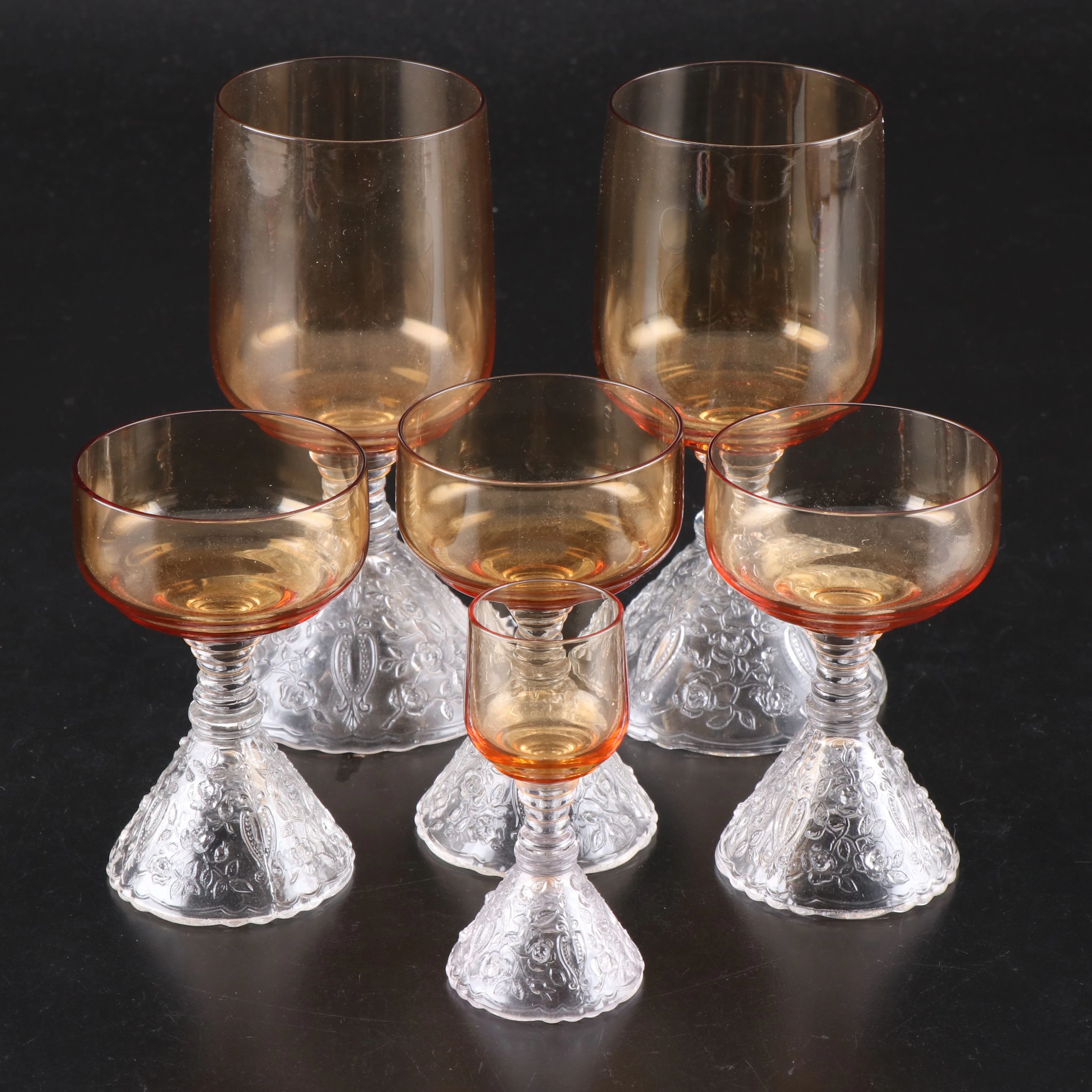 Cambridge "Rose Point" Amber Pressed Glass Stemware, 1935–1940
