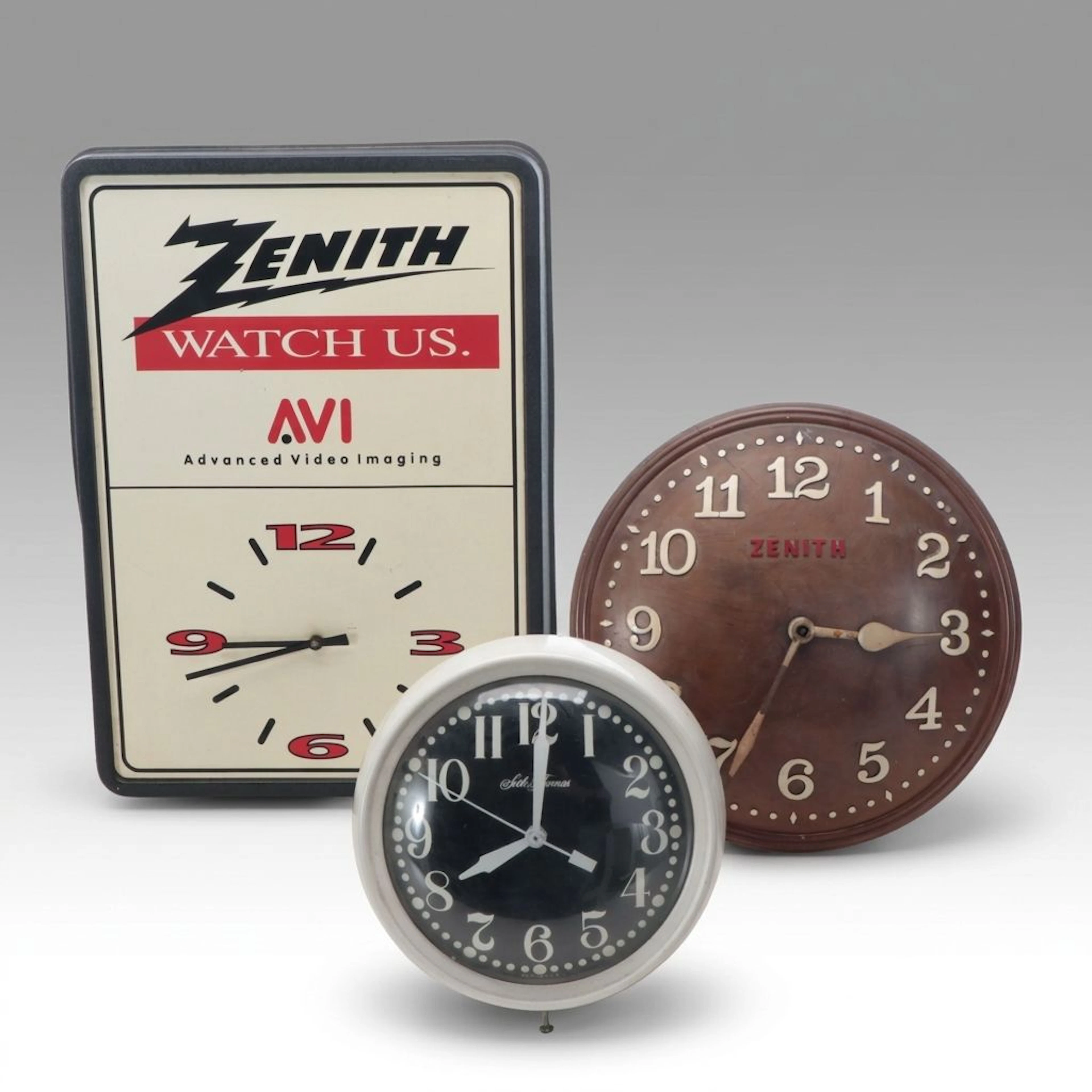 Zenith Convex Oak Wall Clock with Other Wall Clocks, 20th C.