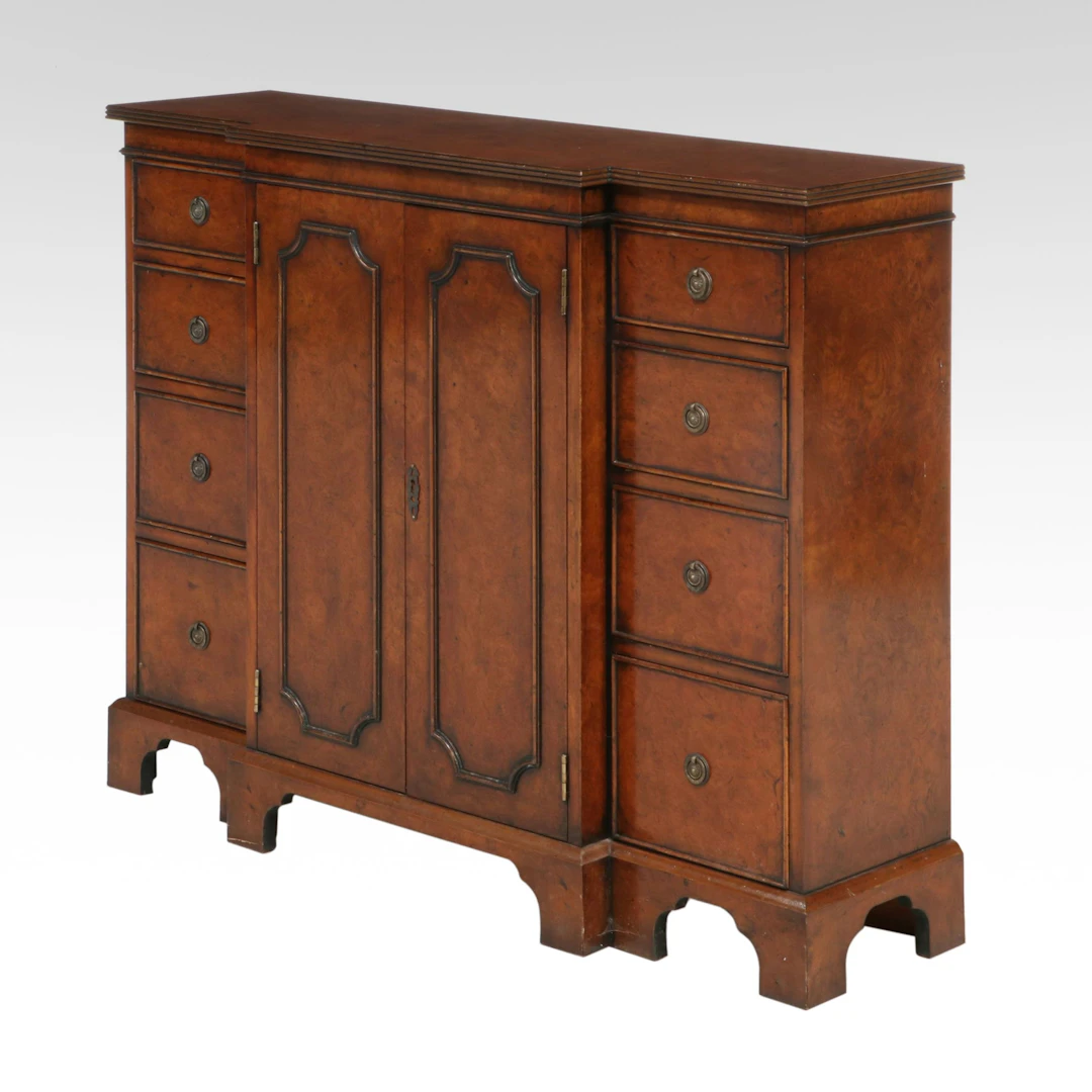 Yorkshire House Georgian Style Burl Walnut Breakfront Media Cabinet