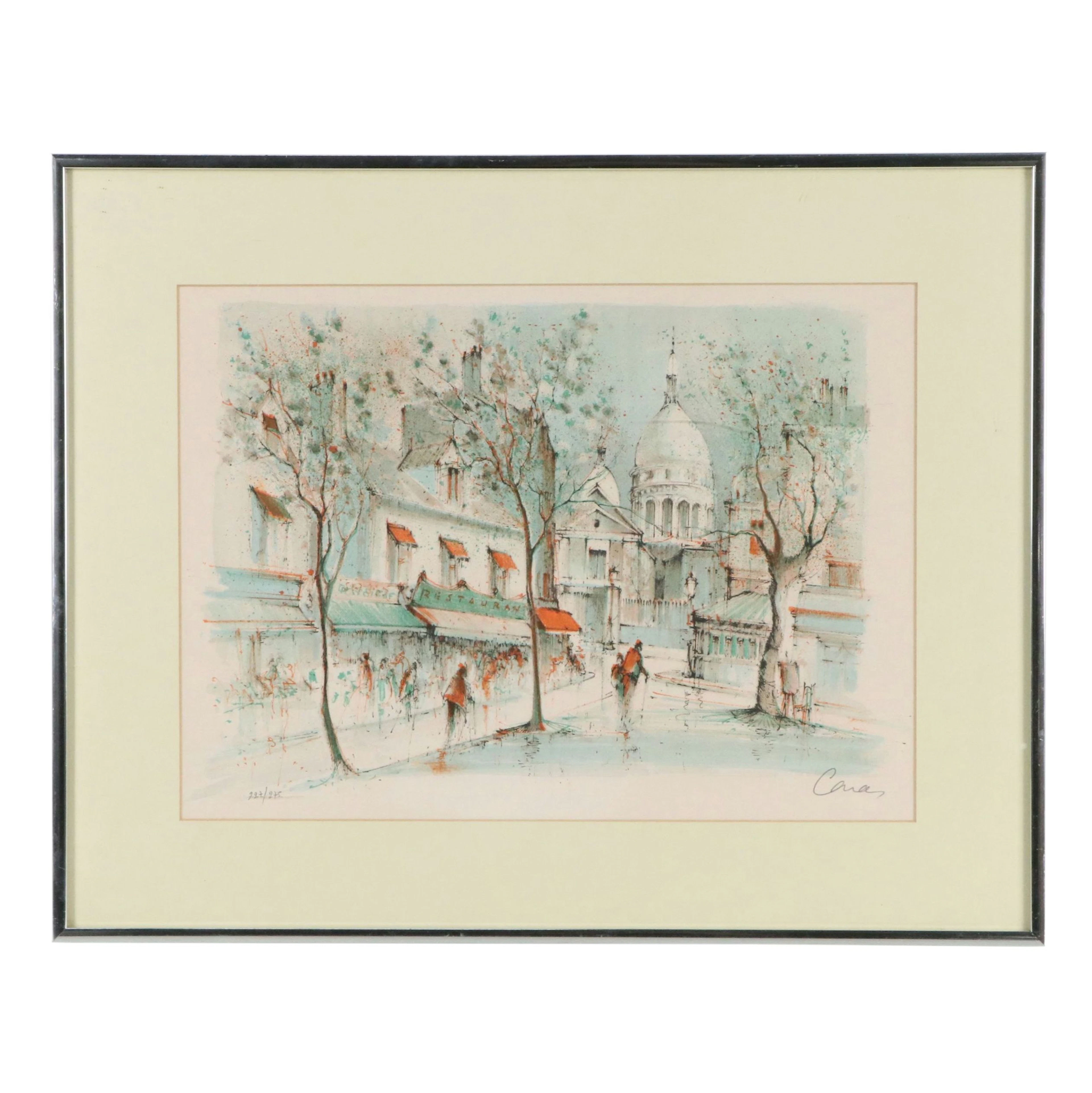 Lithograph of Stylized Paris Street Scene with Sacré-Cœur, Mid to Late 20th C.