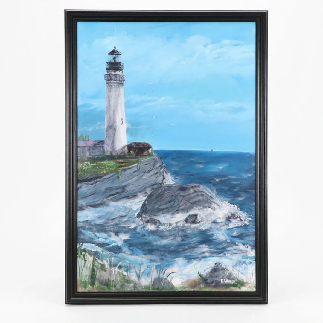 Robert A. Draper Coastal Landscape Acrylic Painting of Lighthouse