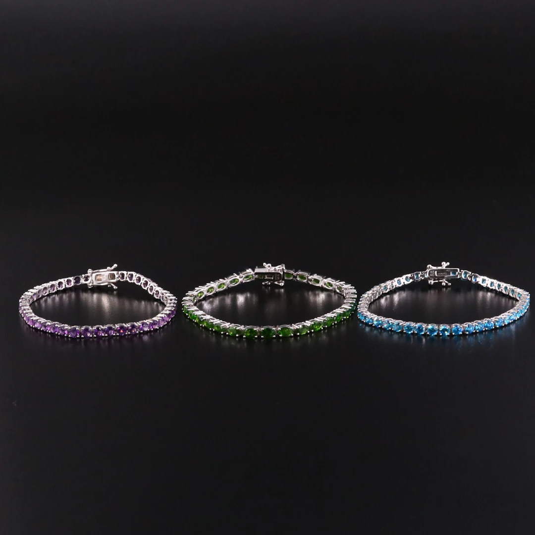 Sterling Diopside, CZ and Amethyst Line Bracelets