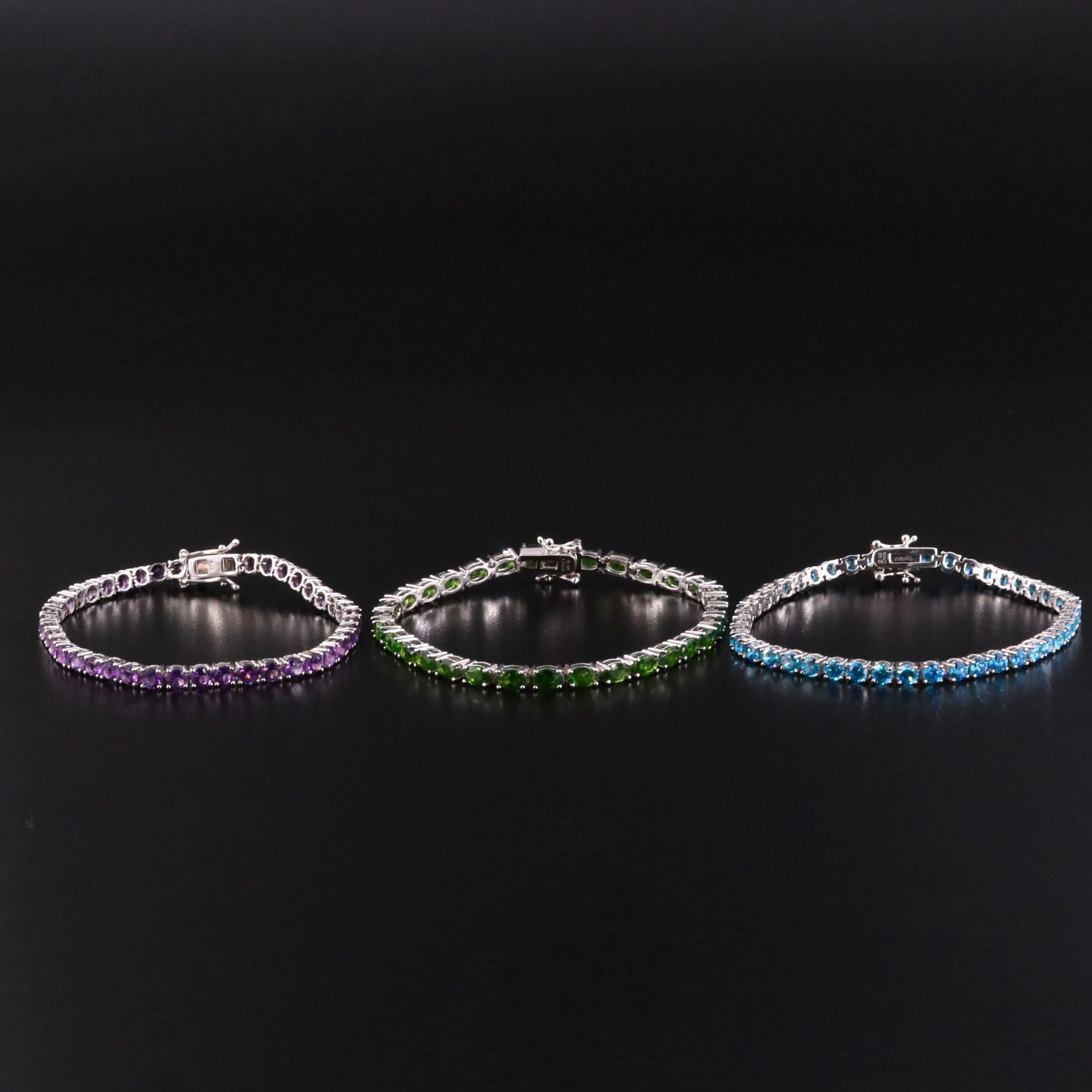 Sterling Diopside, CZ and Amethyst Line Bracelets