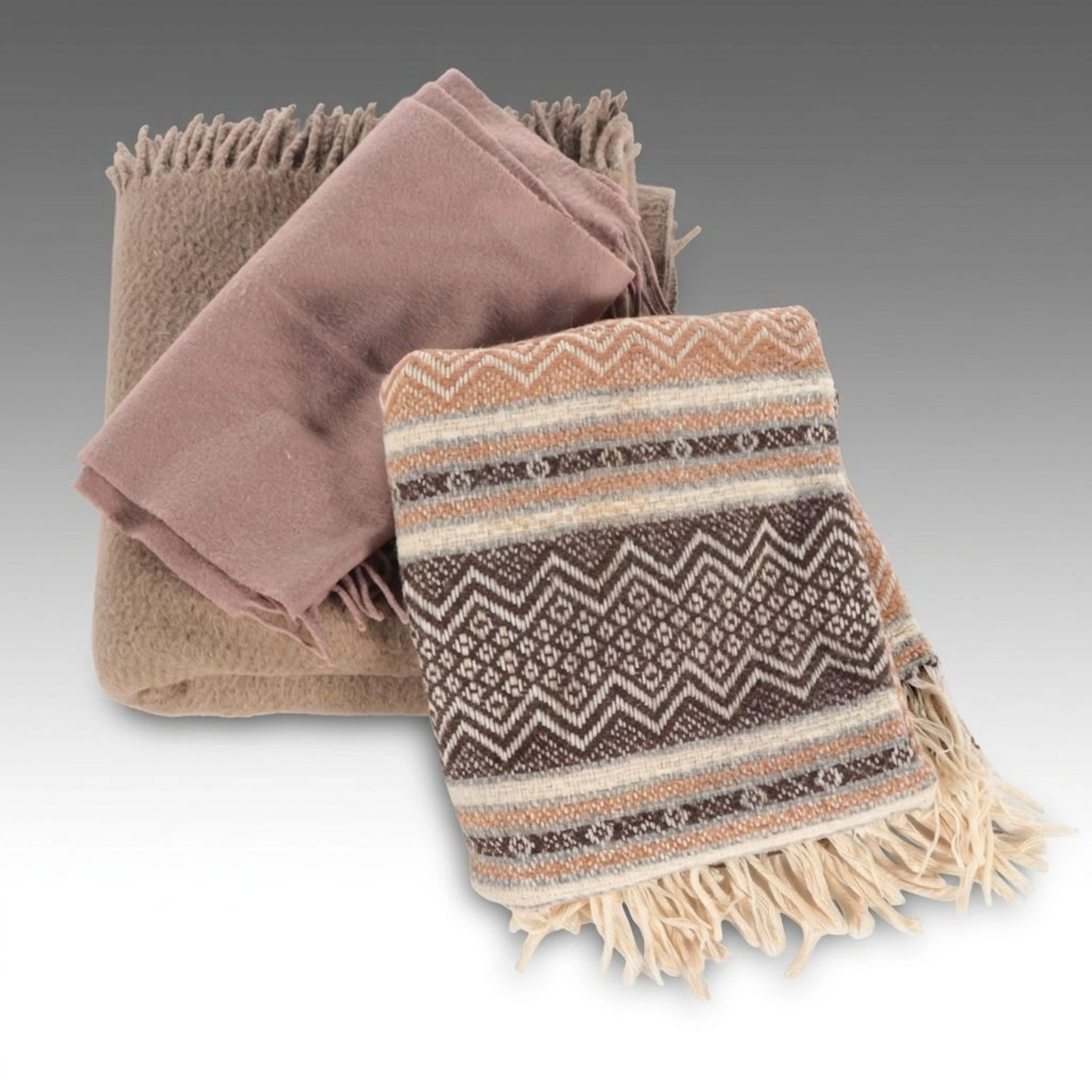 Woven Wool Blend Throw Blanket with Other Fringed Blanket and Scarf