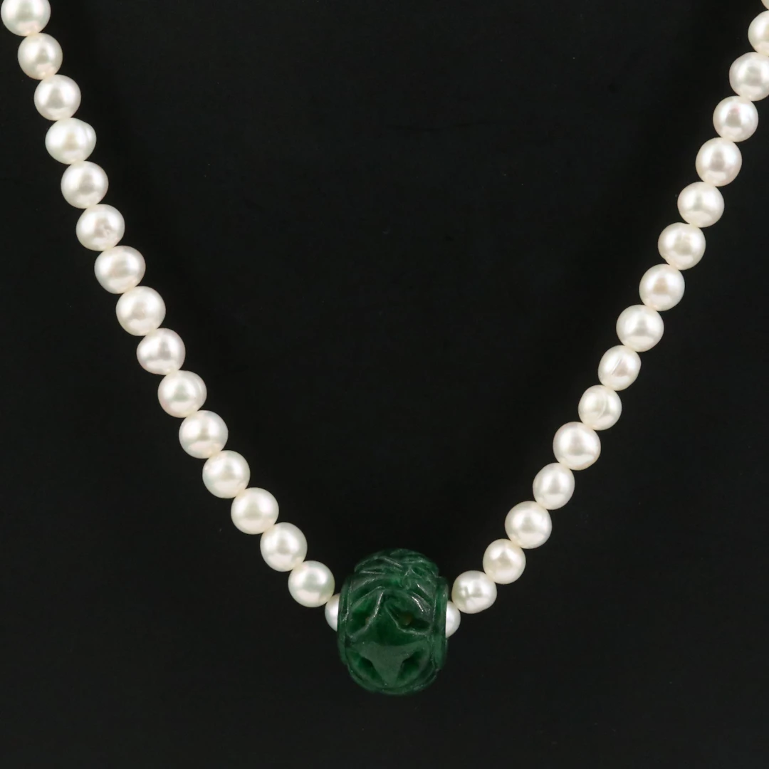Pearl Necklace with Sliding Jadeite Bead and 14K Clasp