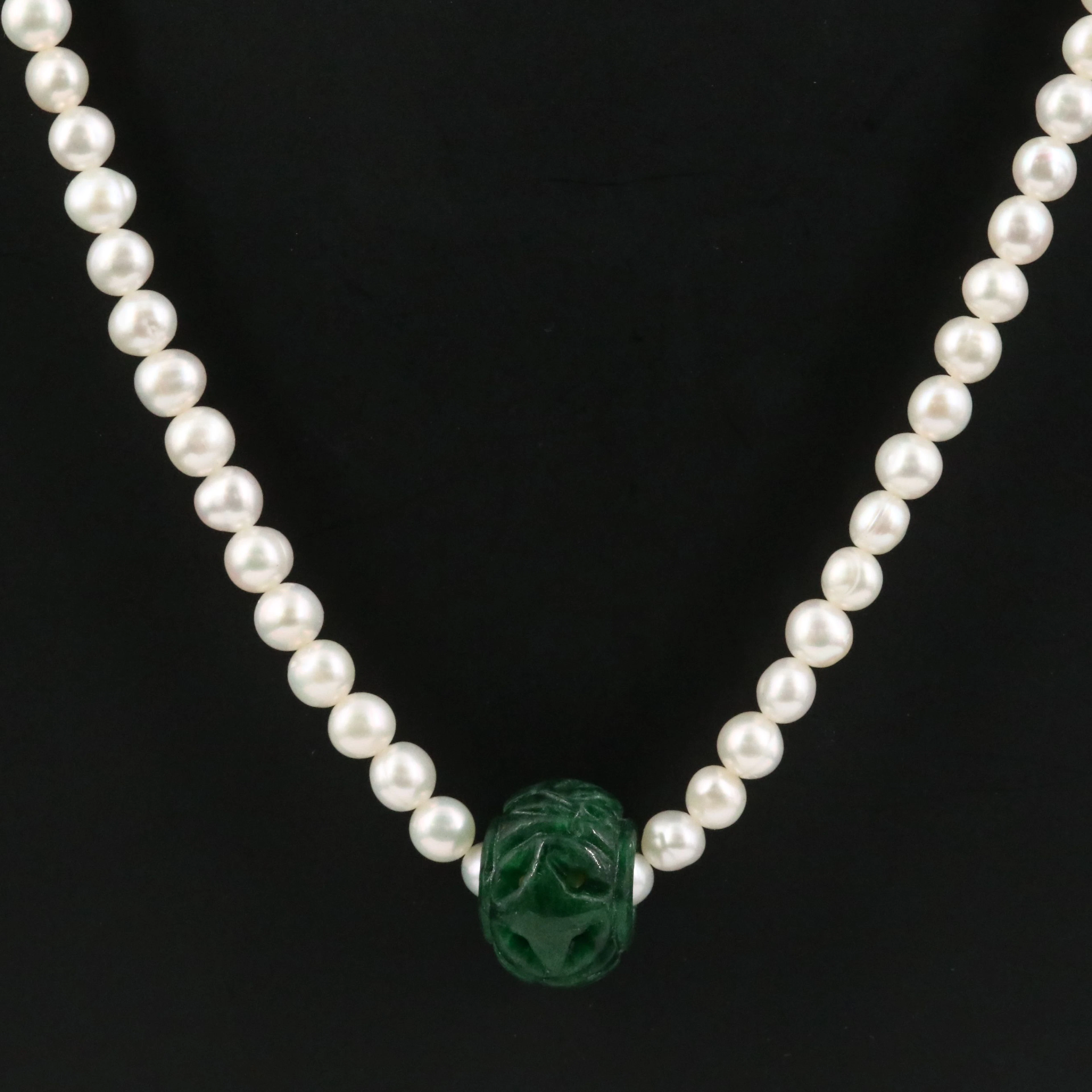 Pearl Necklace with Sliding Jadeite Bead and 14K Clasp