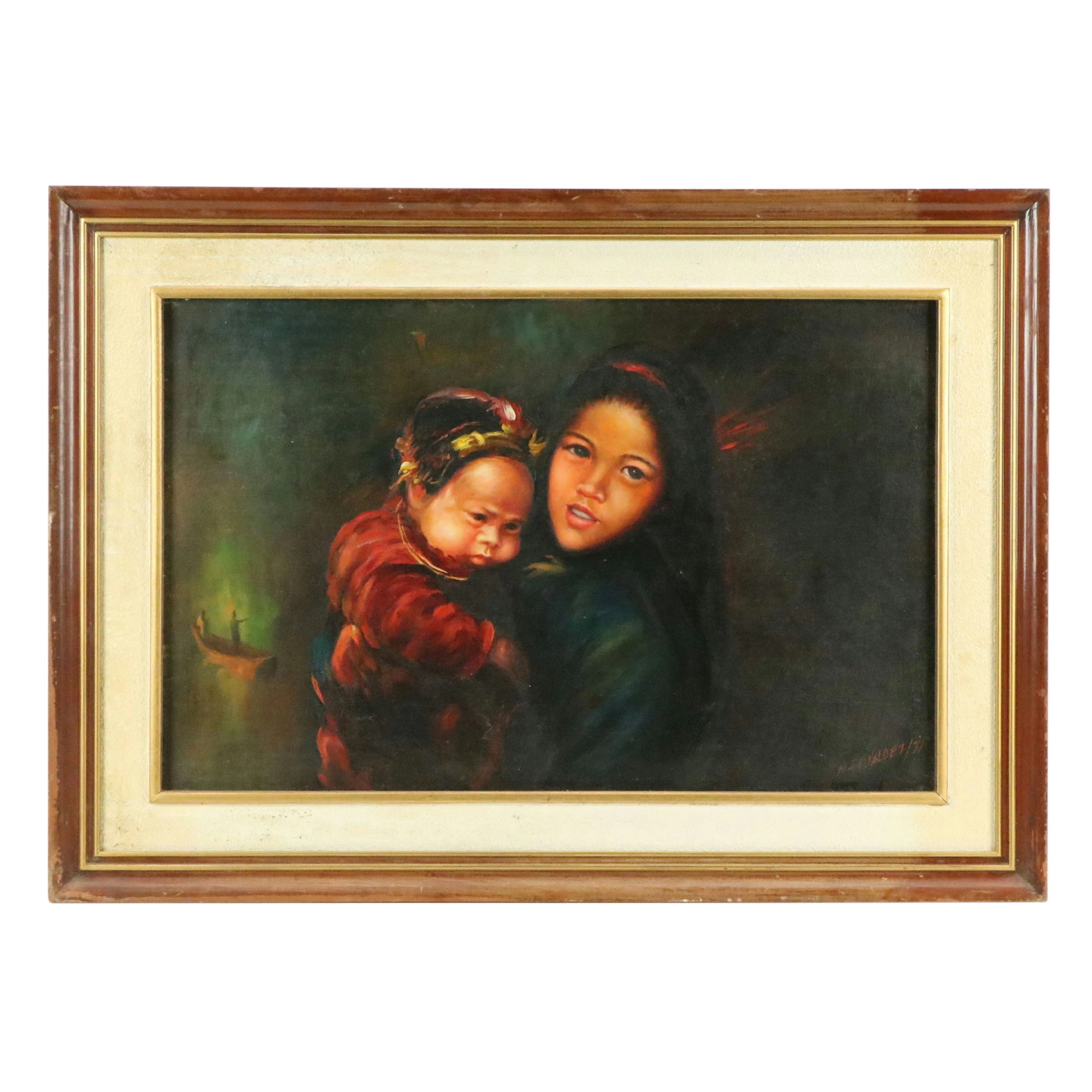 M. Valdez Chiaroscuro Style Oil Painting of Mother and Child, 1971