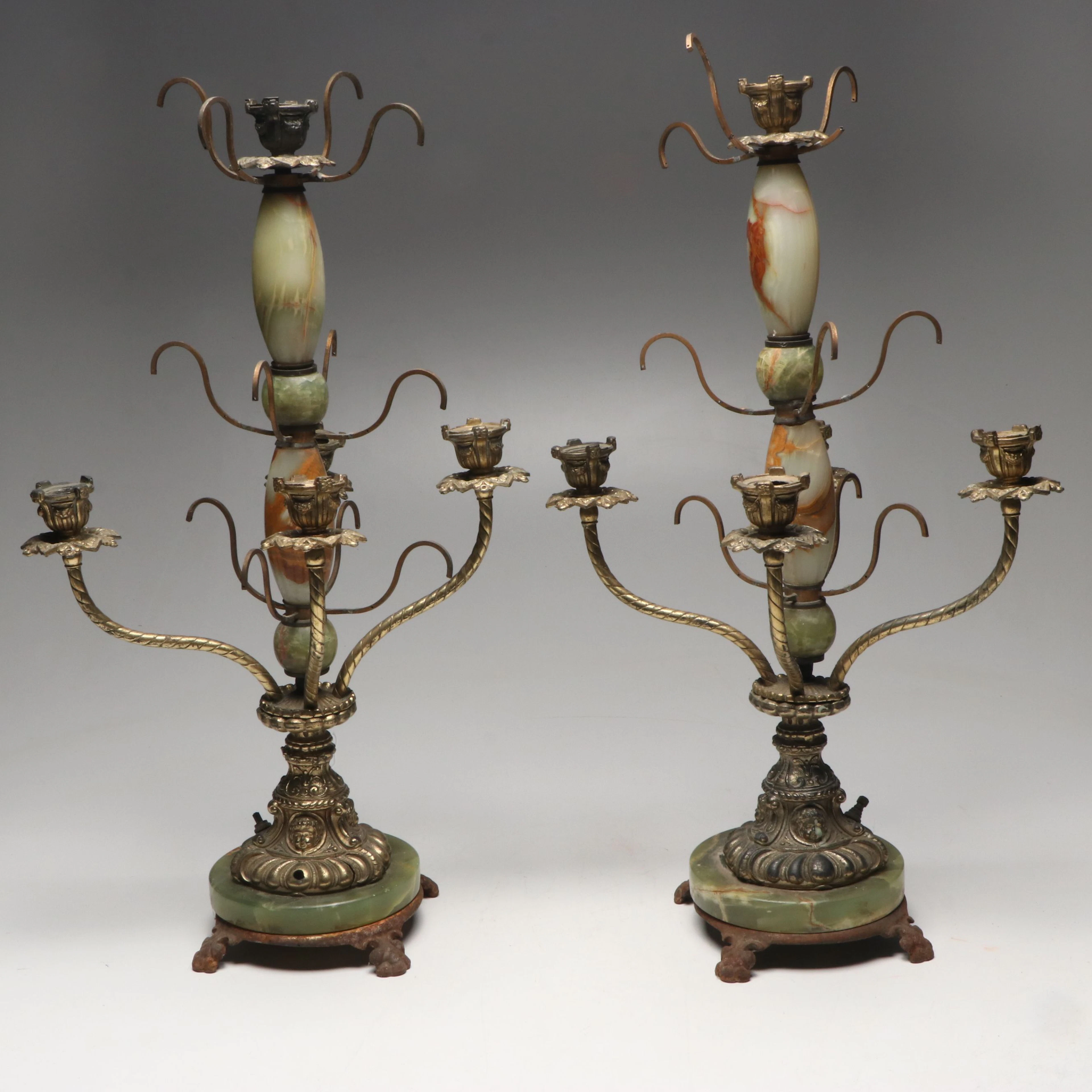 Pair of Art Nouveau Bronze and Banded Calcite Table Lamps, Early 20th Century