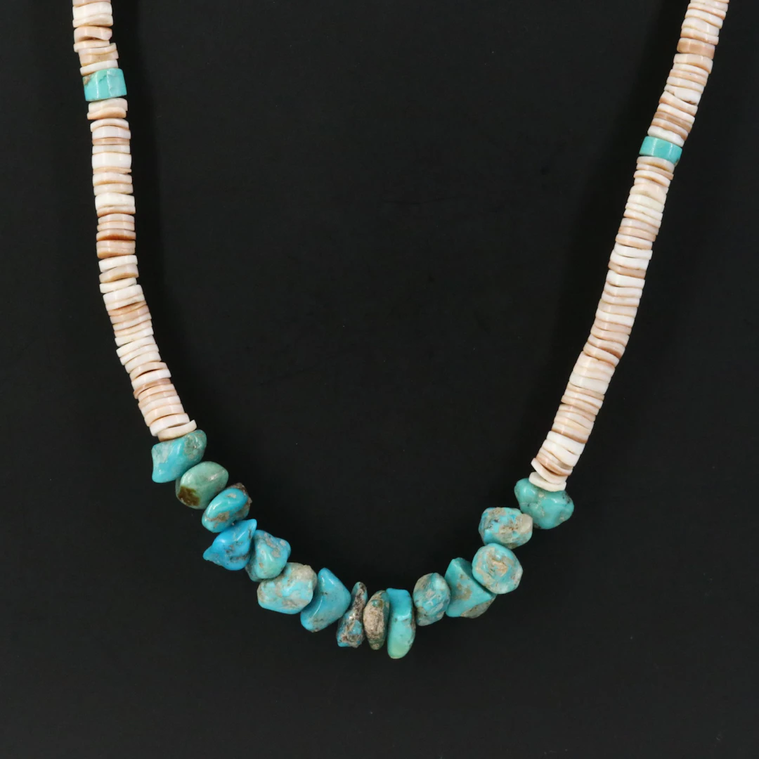 Turquoise and Shell Bead Necklace with Sterling Accents