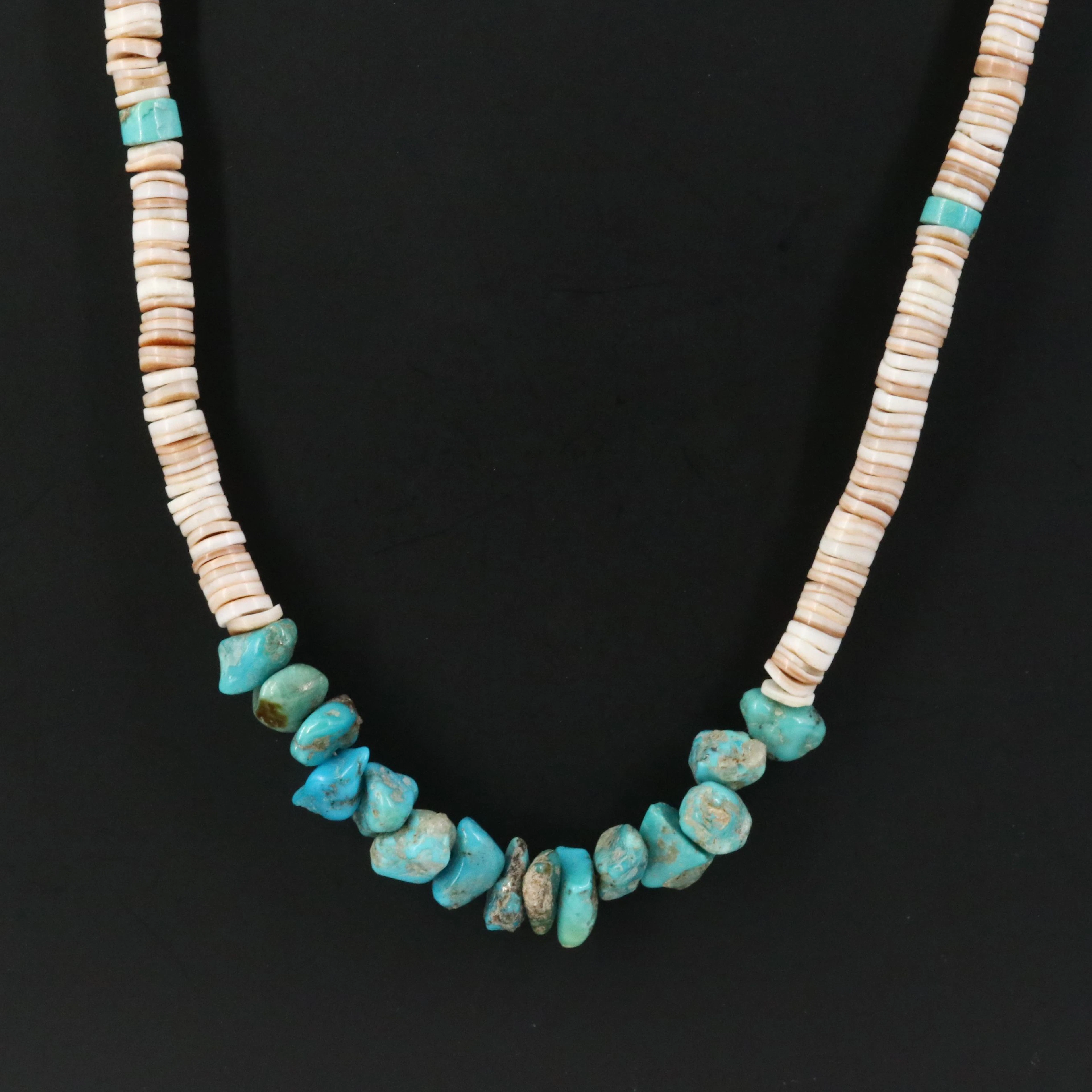 Turquoise and Shell Bead Necklace with Sterling Accents