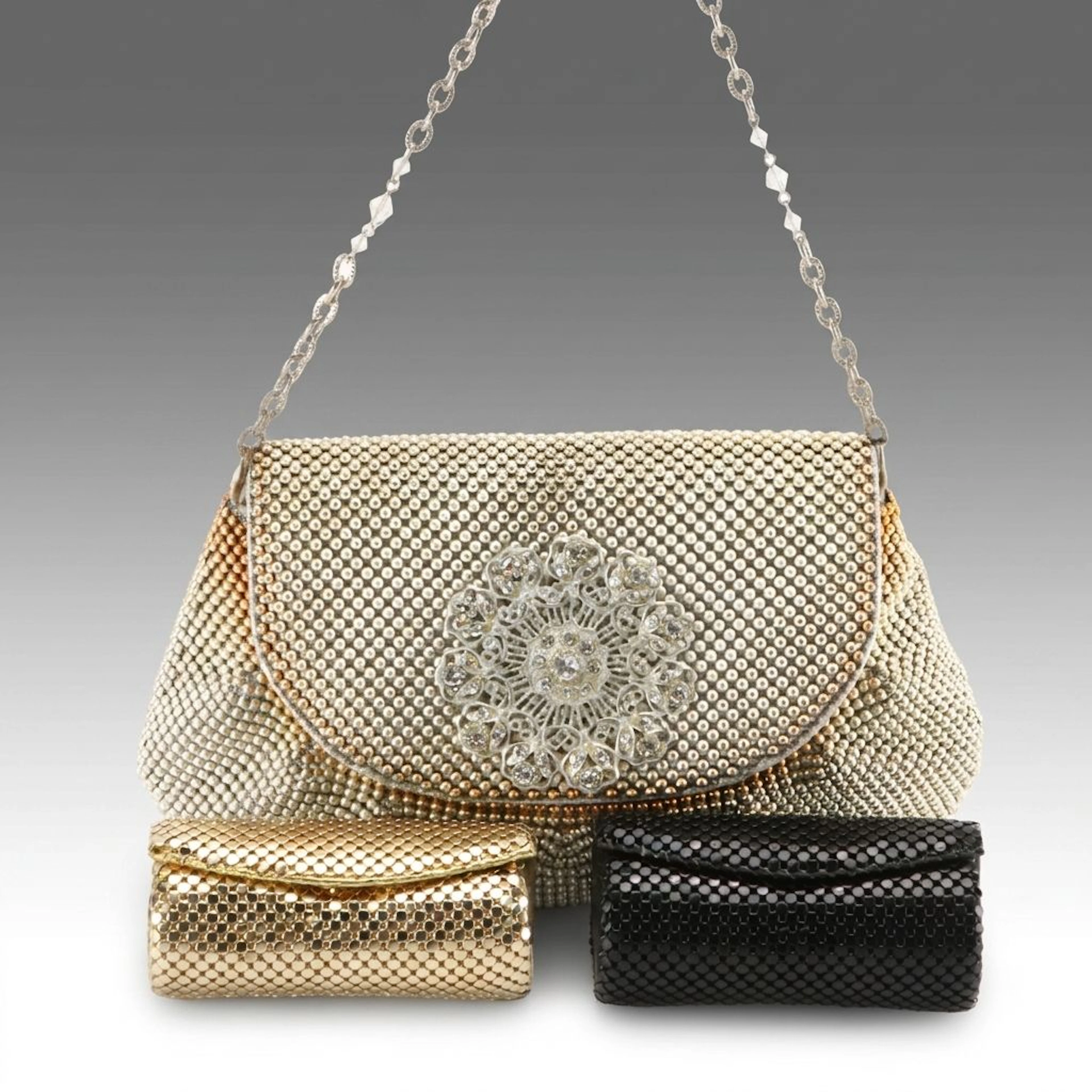 Whiting & Davis Crystal Embellished Ball Bead Clutch & Metal Mesh
