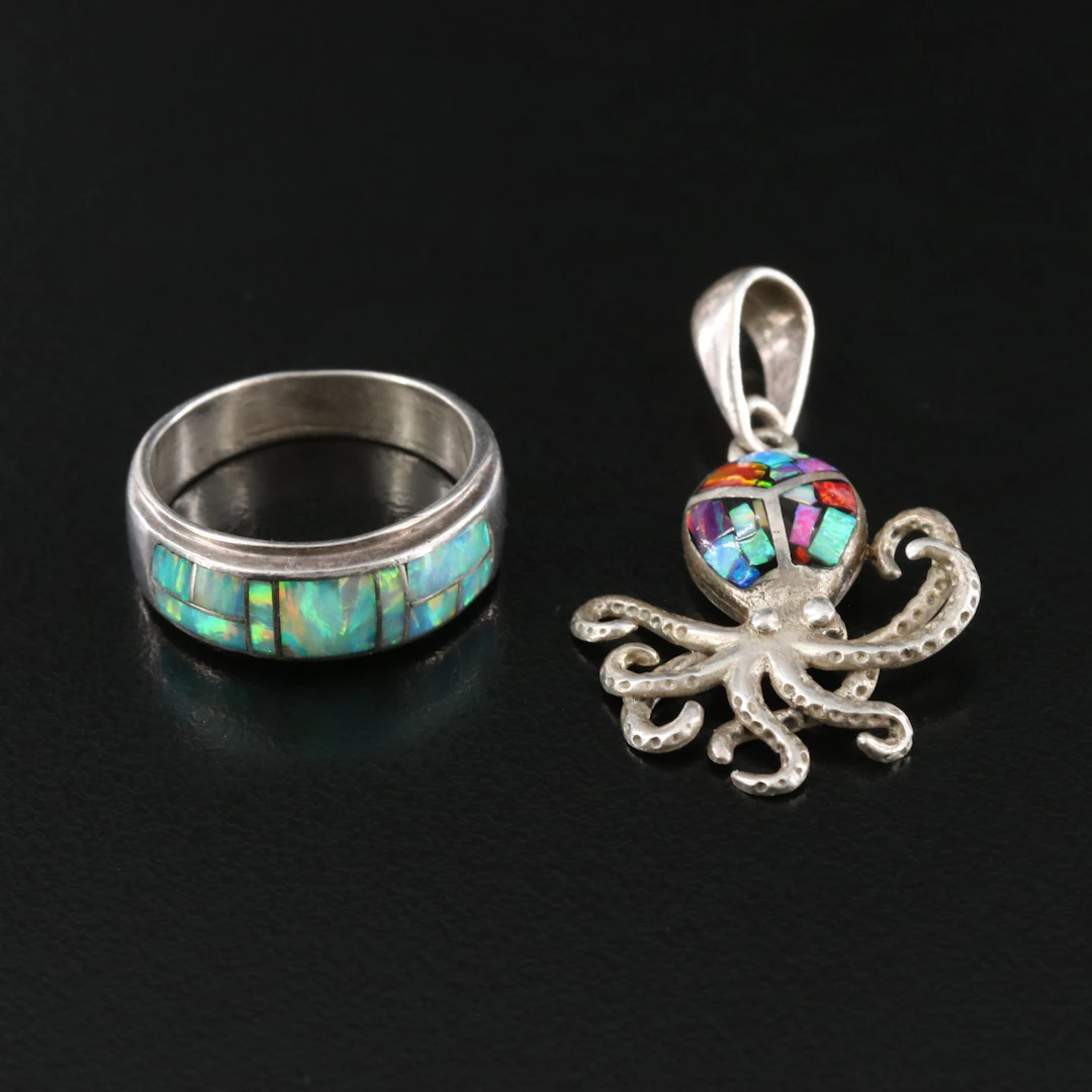 950 Silver Opal Octopus Pendant and Sterling Ring